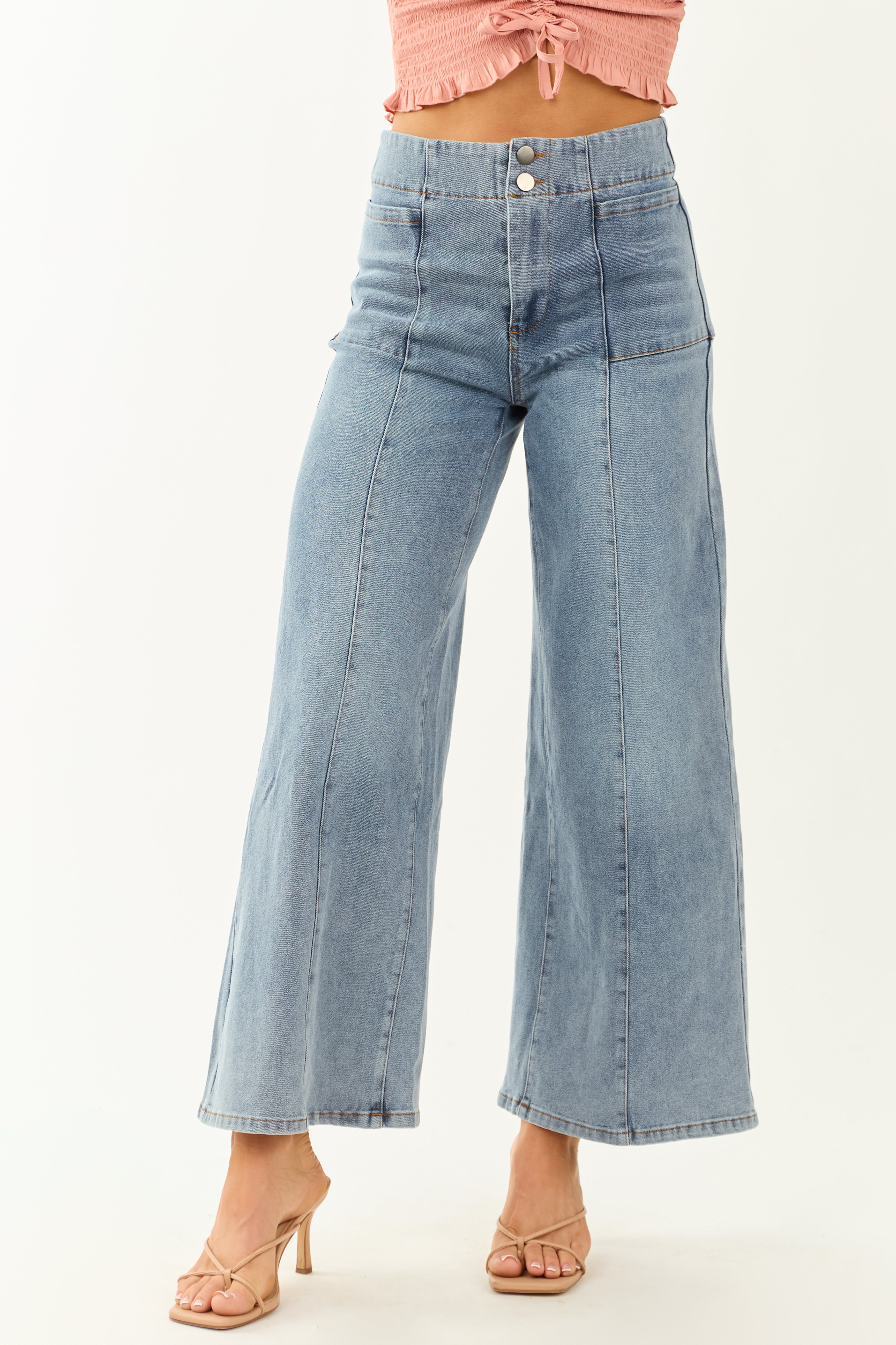 Medium Wash Super Wide Leg Semi-Stretchy Jeans | Lime Lush Boutique
