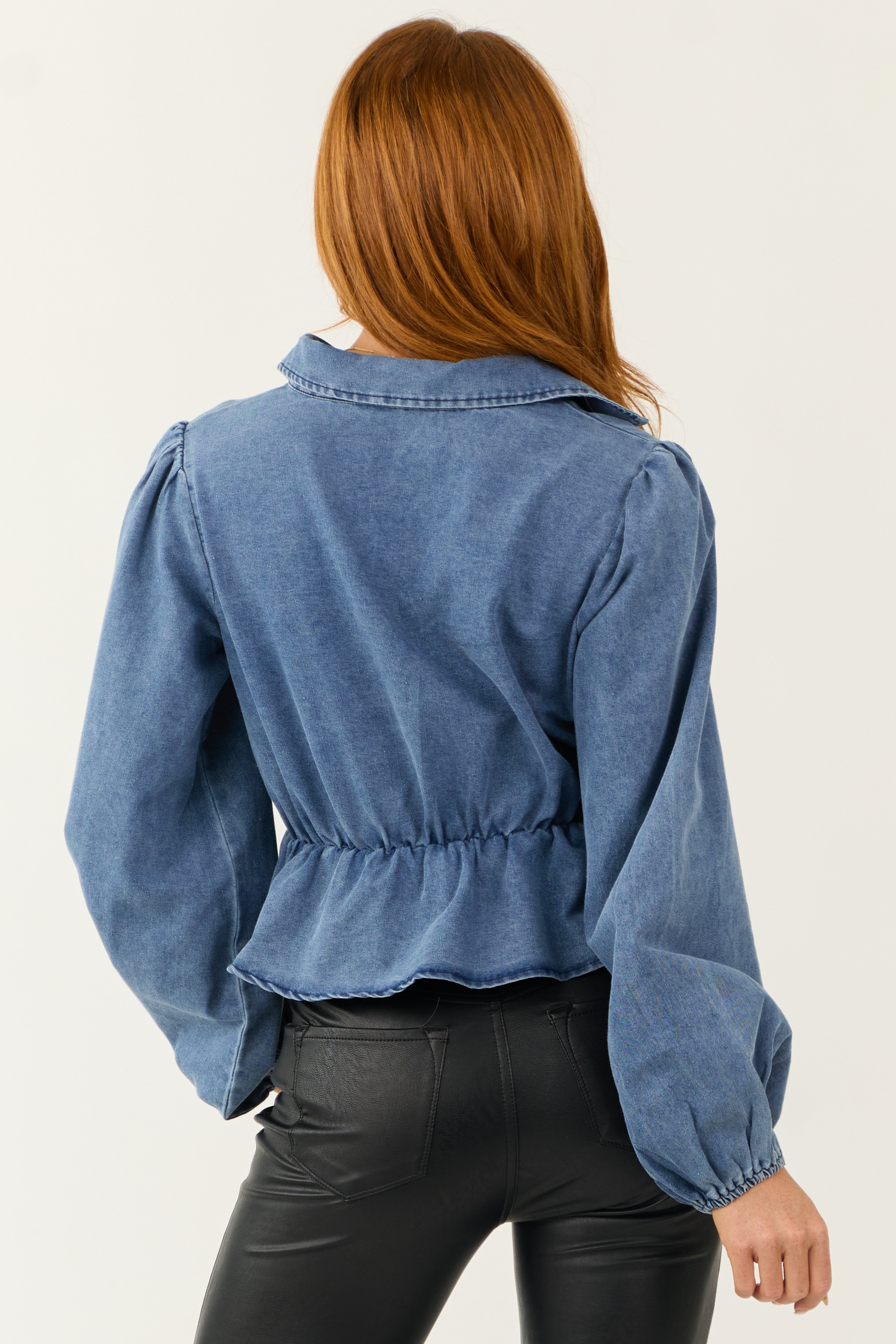 Medium Wash Tie Neckline Denim Peplum Top | Lime Lush Boutique