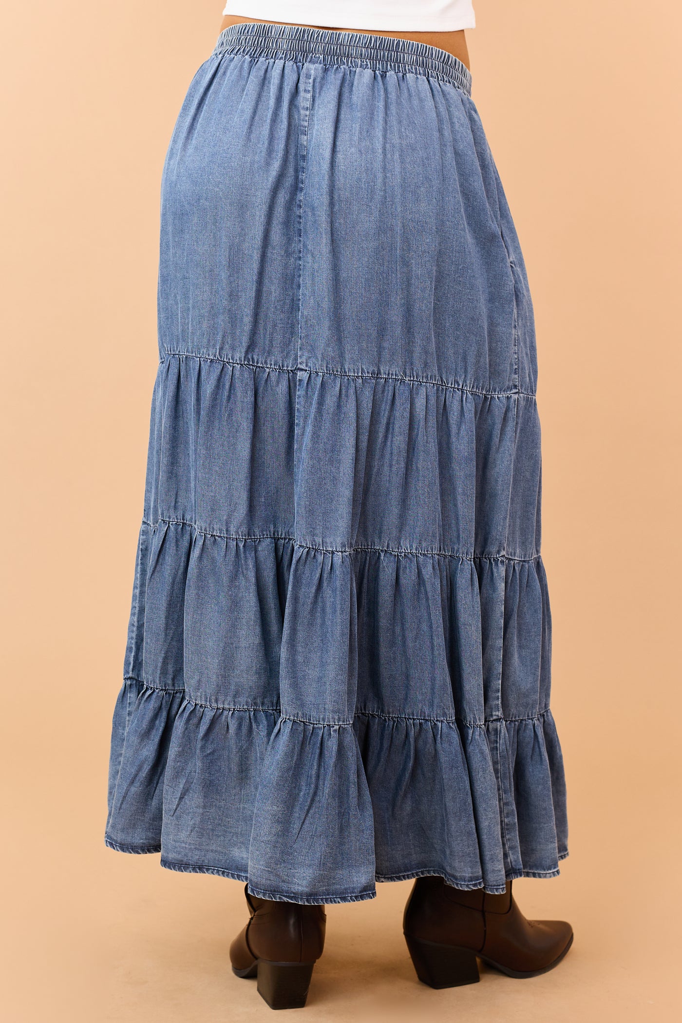 Medium Wash Tiered Chambray Maxi Skirt