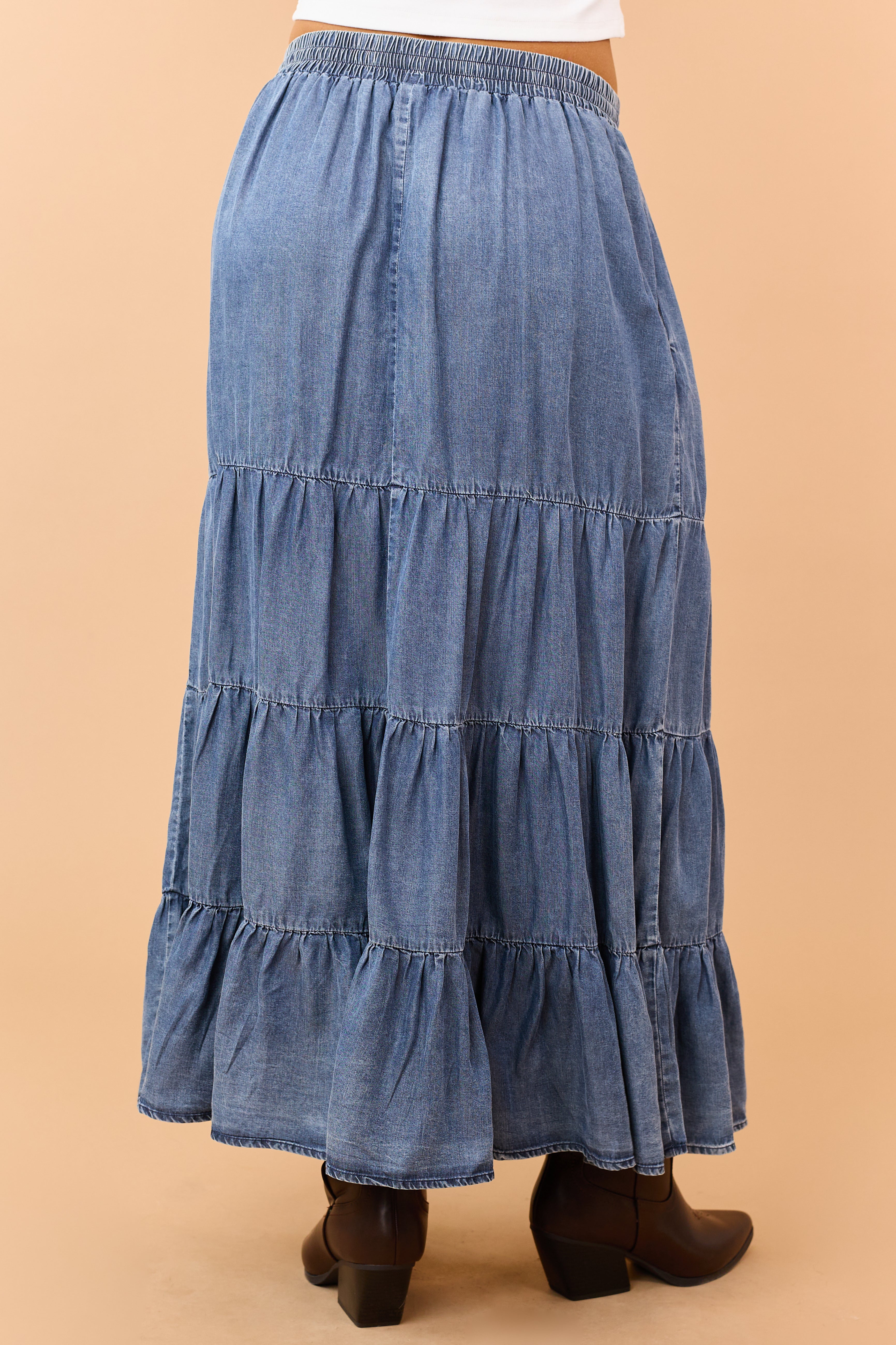 Medium Wash Tiered Chambray Maxi Skirt
