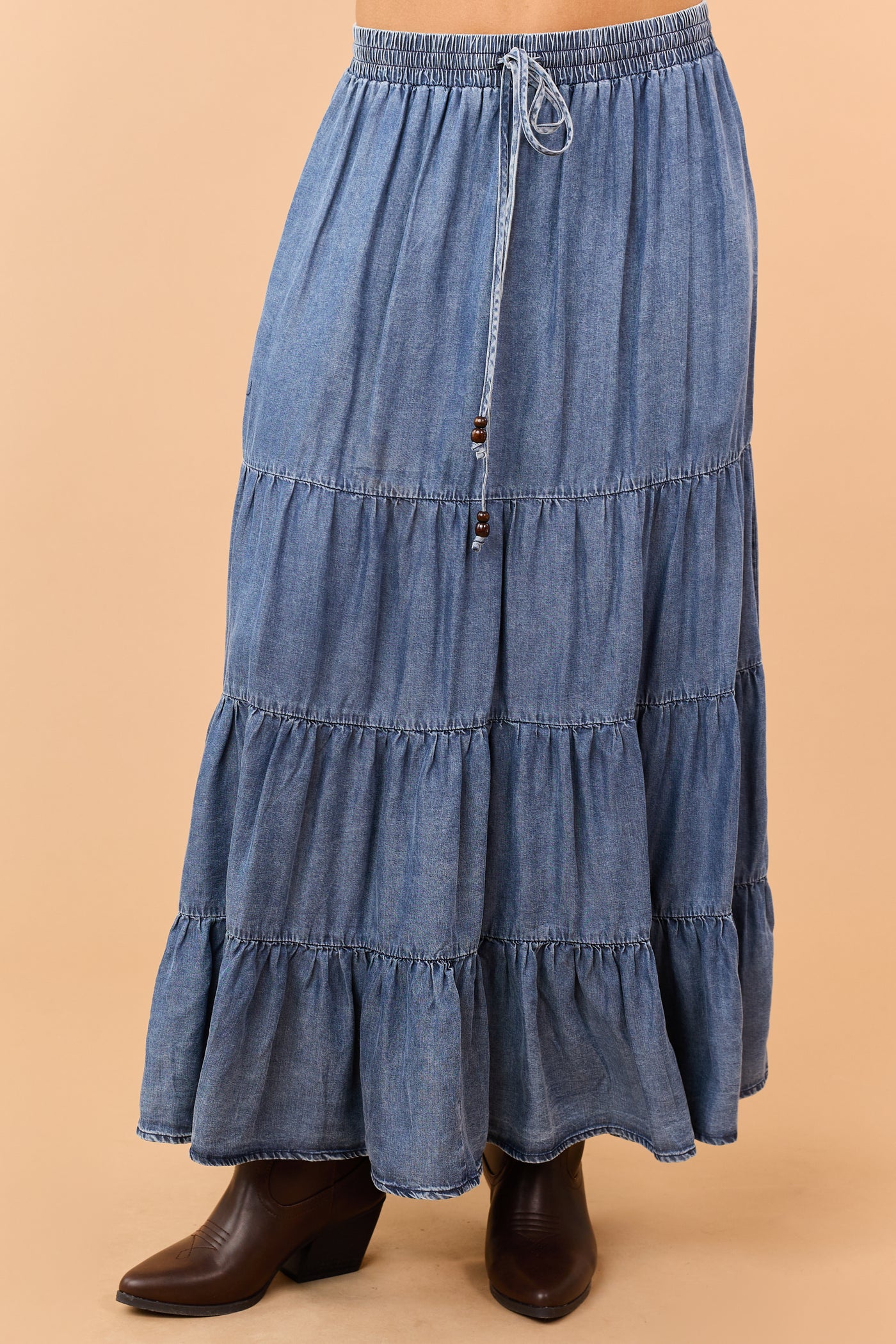 Medium Wash Tiered Chambray Maxi Skirt
