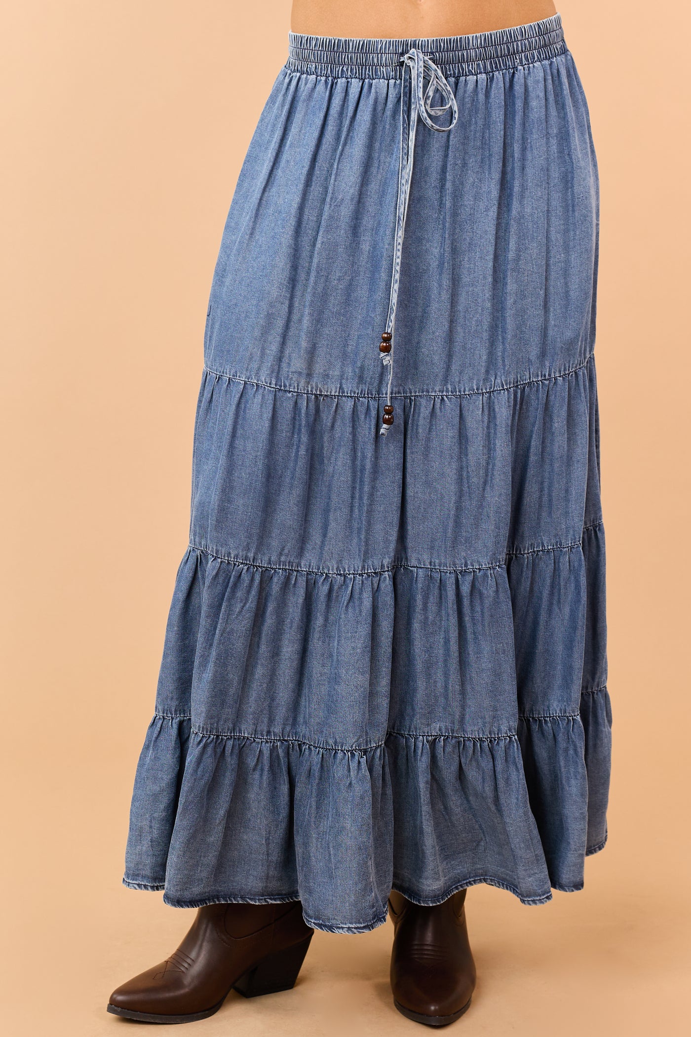 Medium Wash Tiered Chambray Maxi Skirt