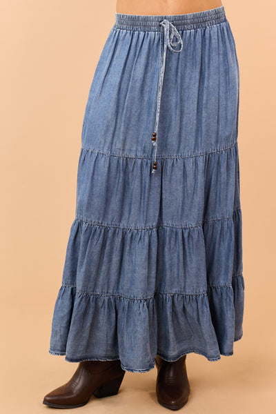 Medium Wash Tiered Chambray Maxi Skirt