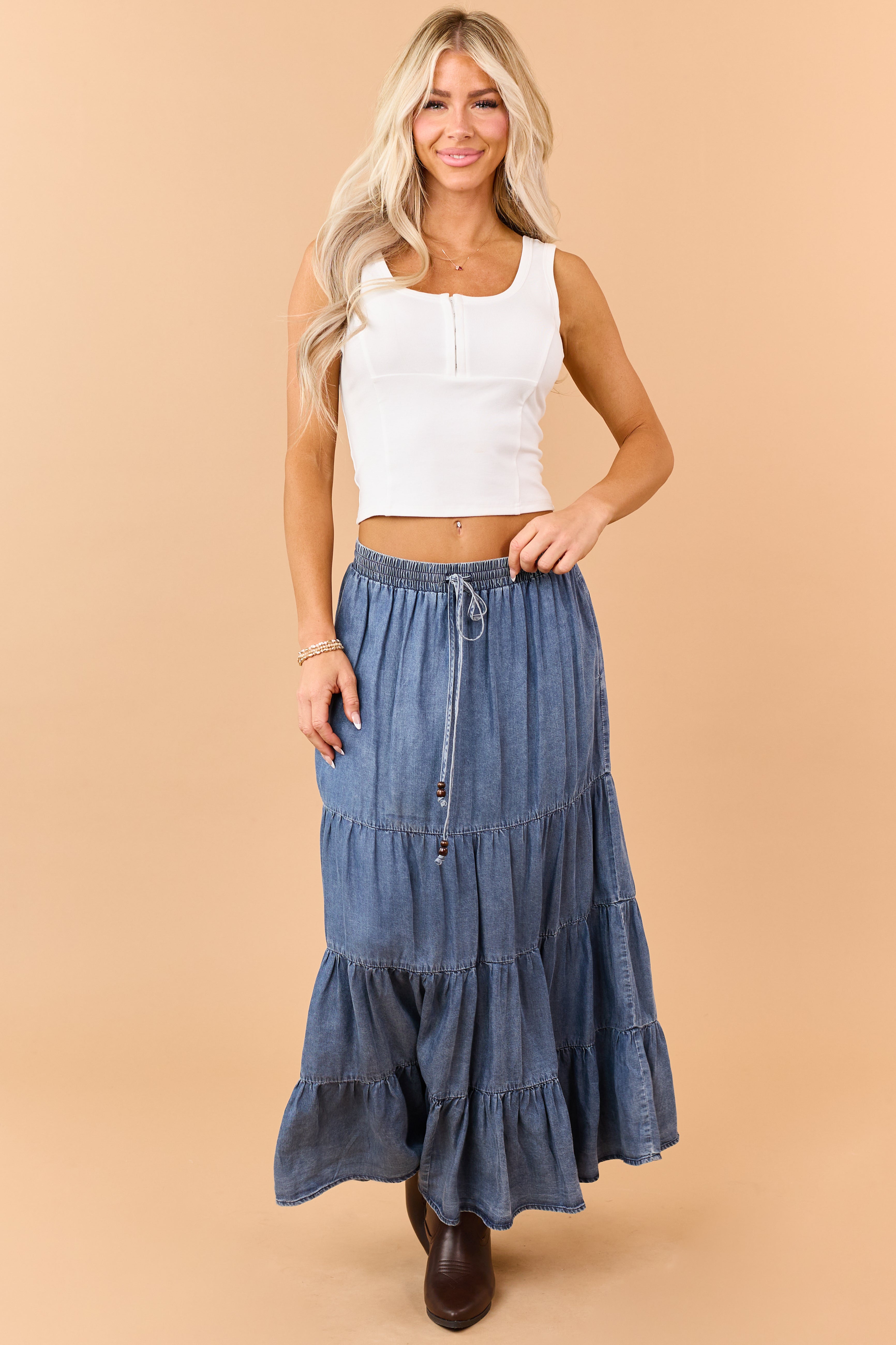 Medium Wash Tiered Chambray Maxi Skirt