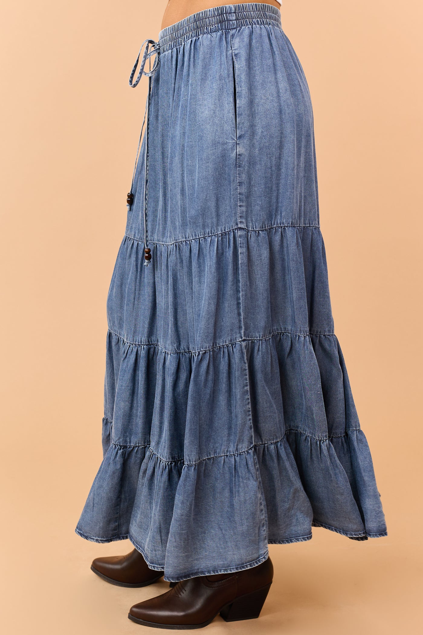 Medium Wash Tiered Chambray Maxi Skirt