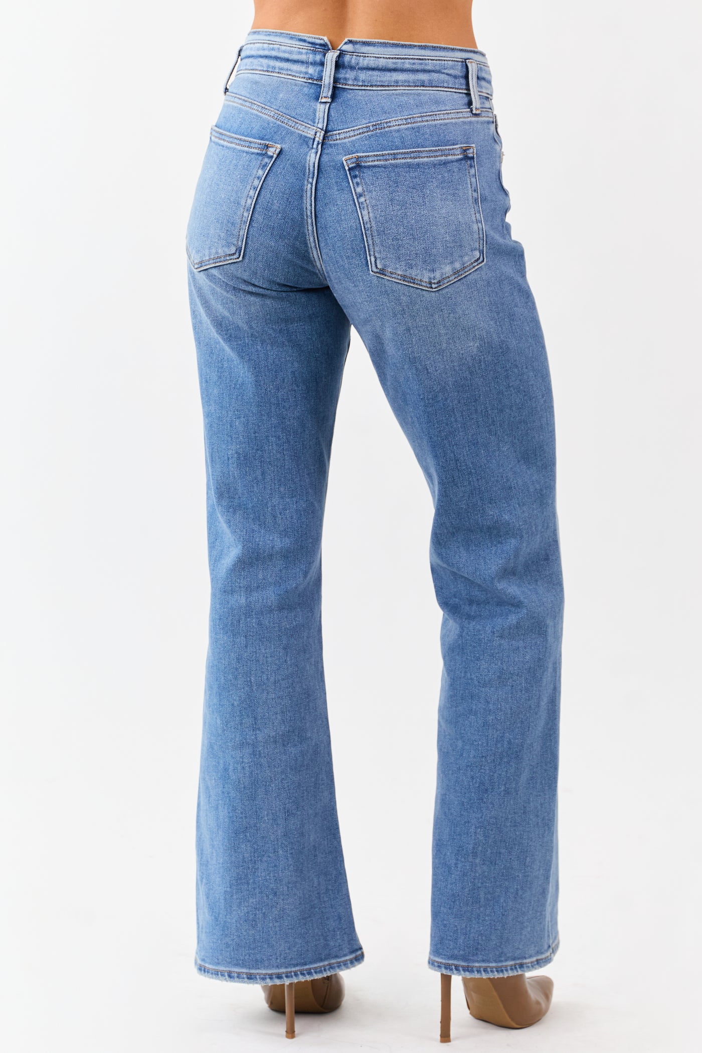 Medium Wash Waist Detail Stretchy Wide Leg Jeans