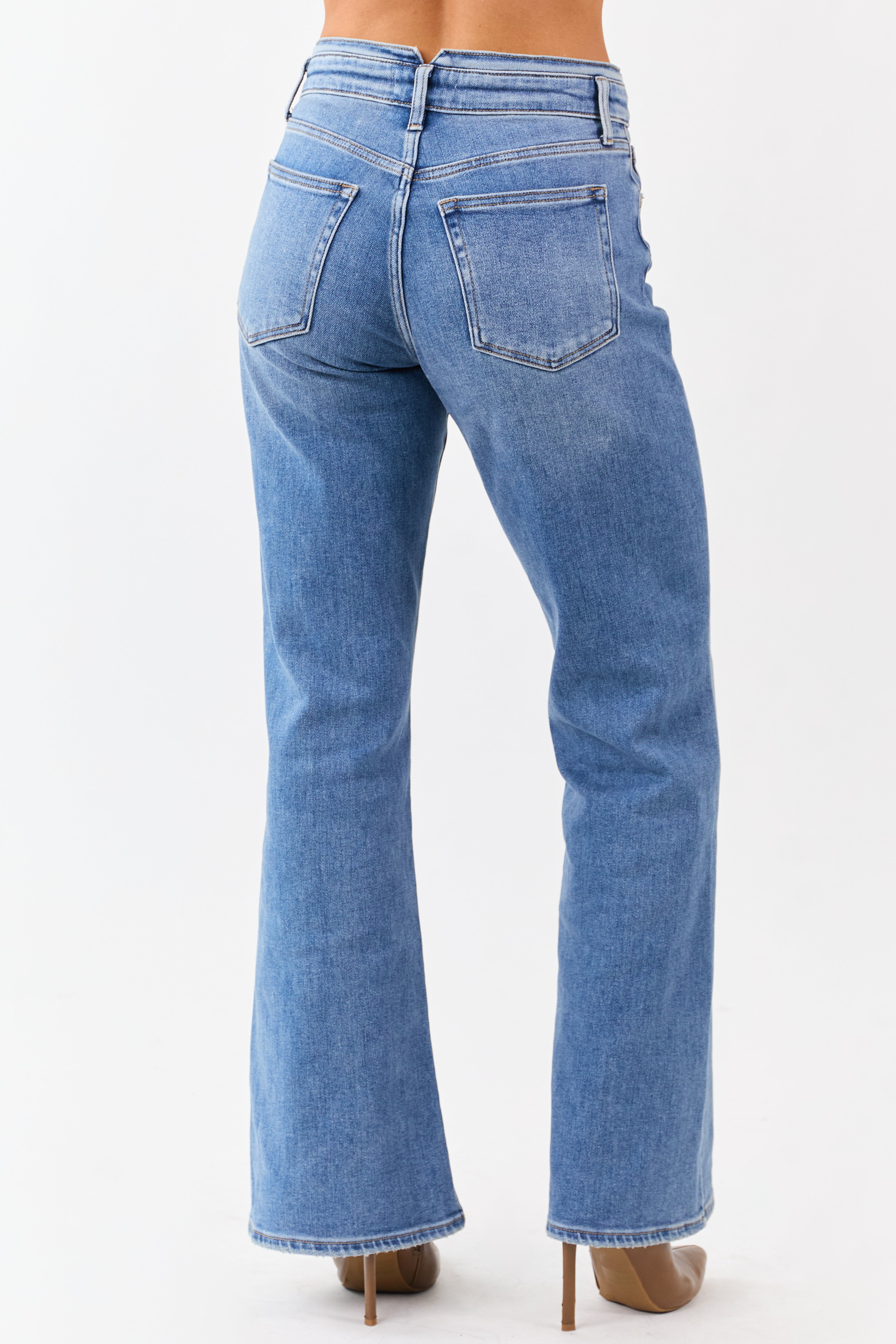 Medium Wash Waist Detail Stretchy Wide Leg Jeans