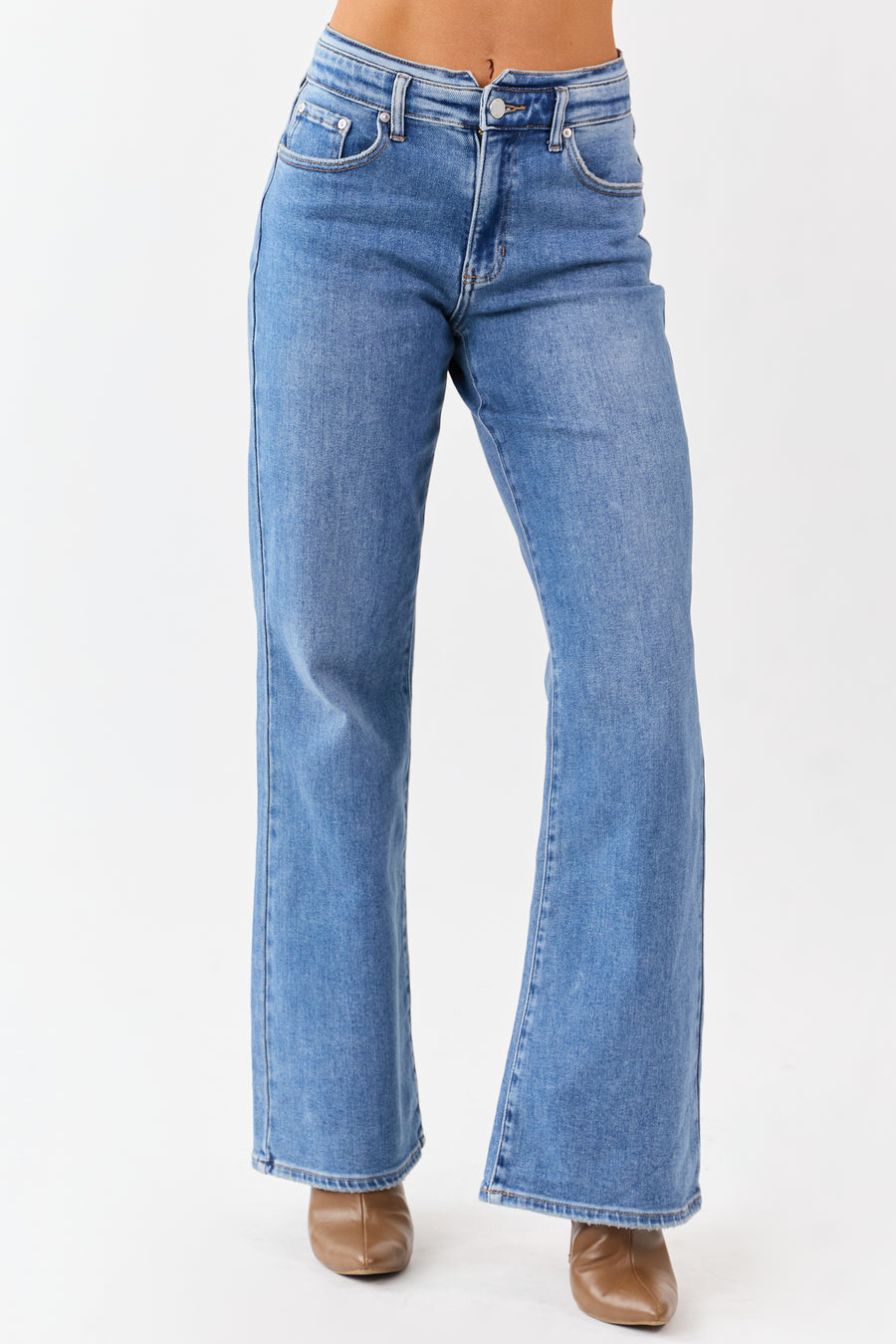 Medium Wash Waist Detail Stretchy Wide Leg Jeans