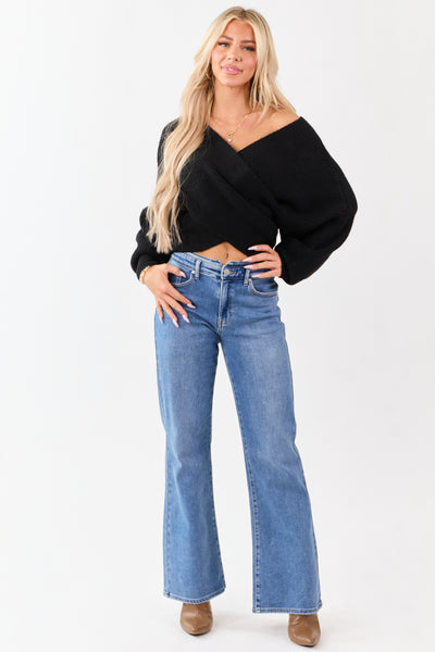 Medium Wash Waist Detail Stretchy Wide Leg Jeans