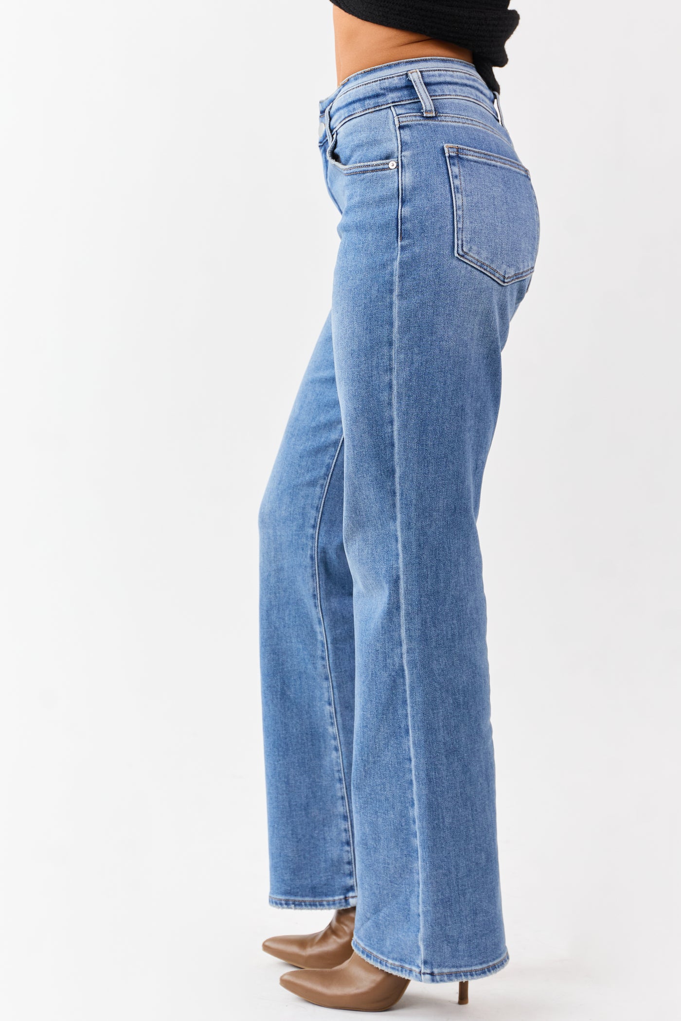 Medium Wash Waist Detail Stretchy Wide Leg Jeans