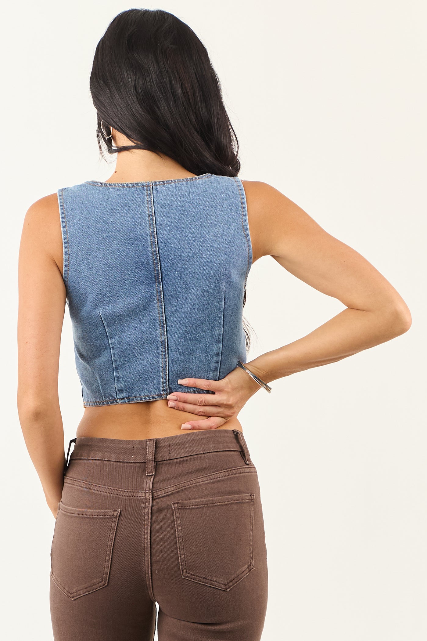 Medium Wash Zip Up V Neck Denim Vest