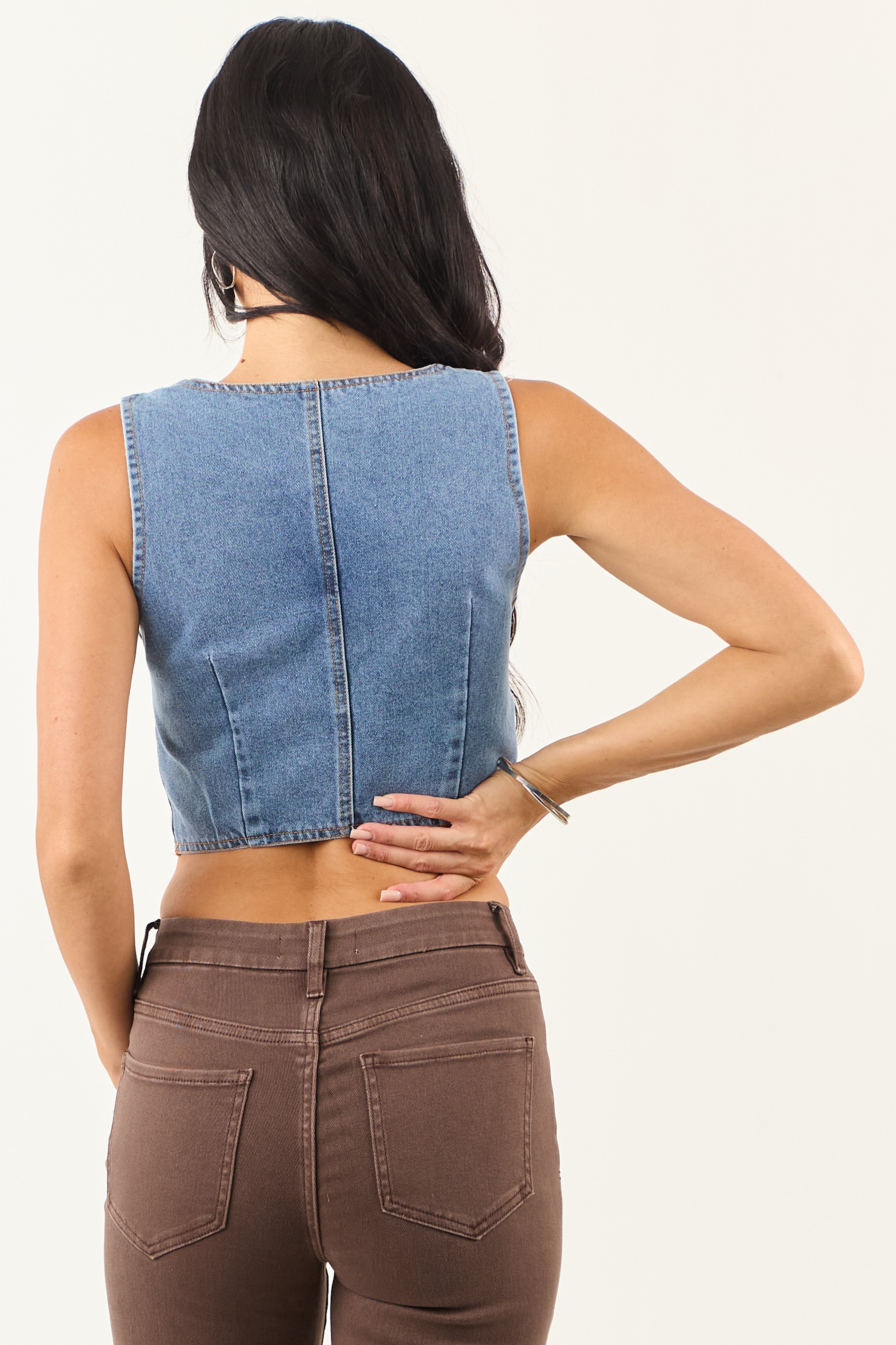 Medium Wash Zip Up V Neck Denim Vest