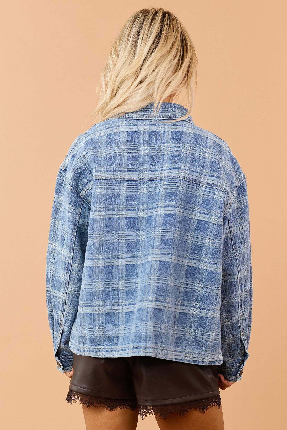 Medium Washed Plaid Denim Button Down Jacket