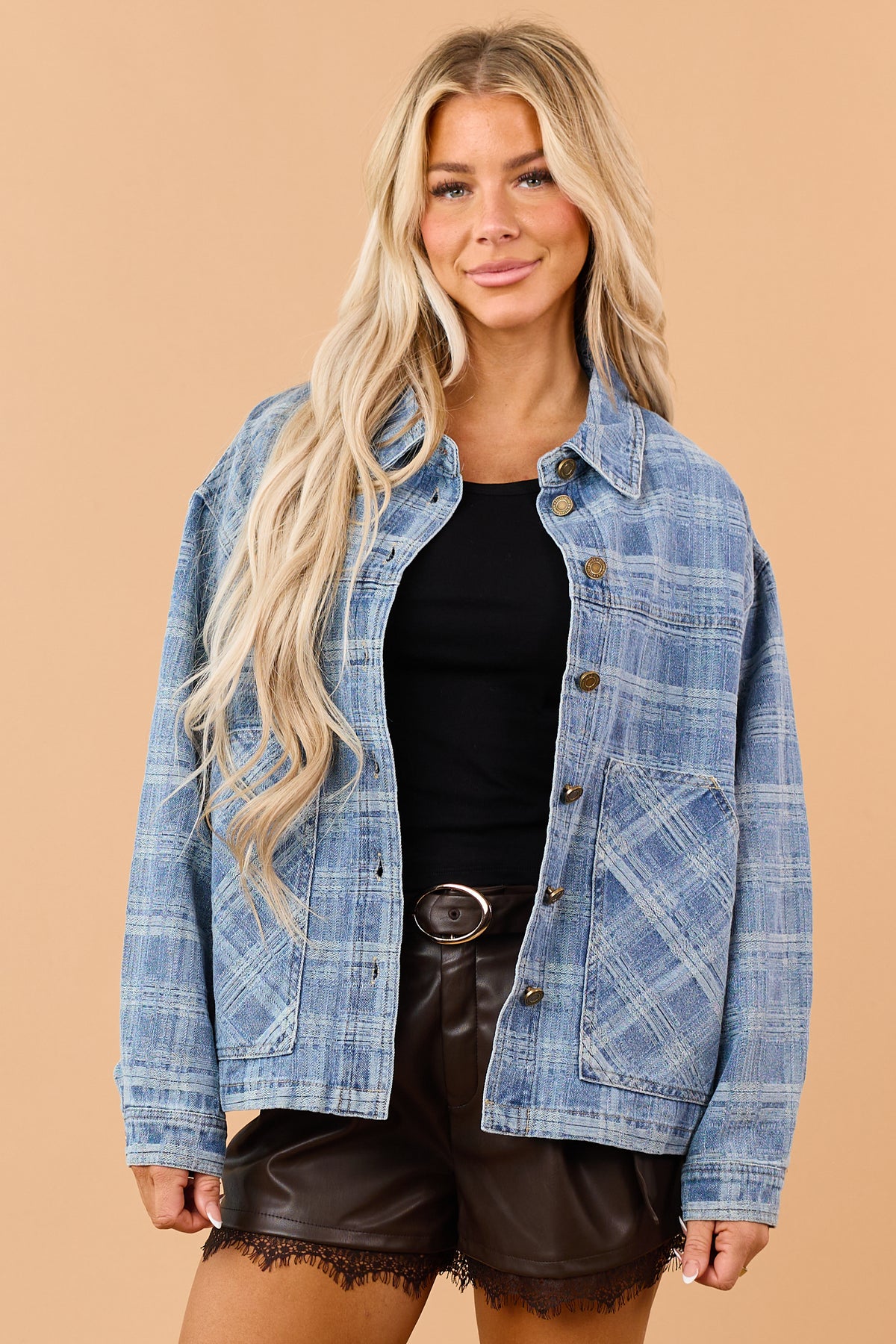 Medium Washed Plaid Denim Button Down Jacket