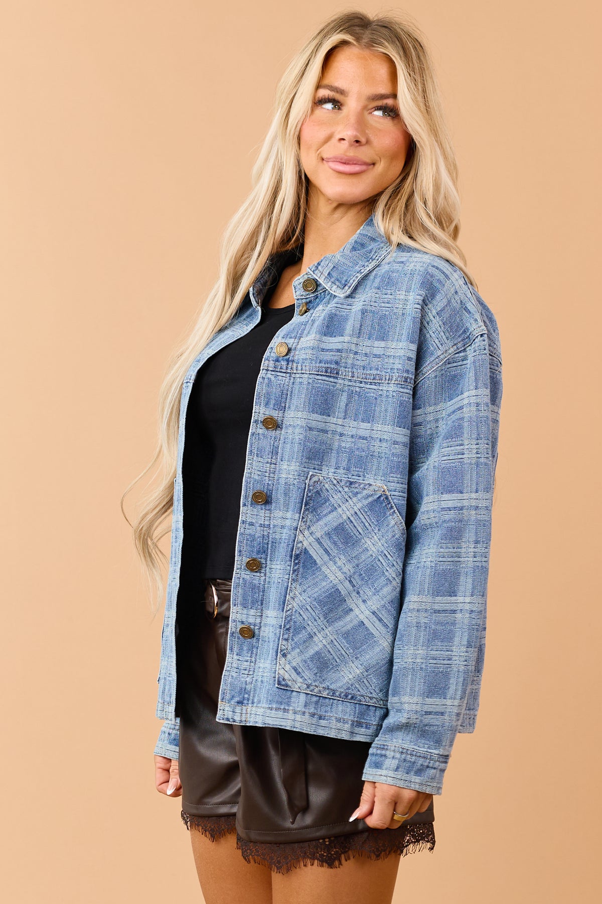 Medium Washed Plaid Denim Button Down Jacket