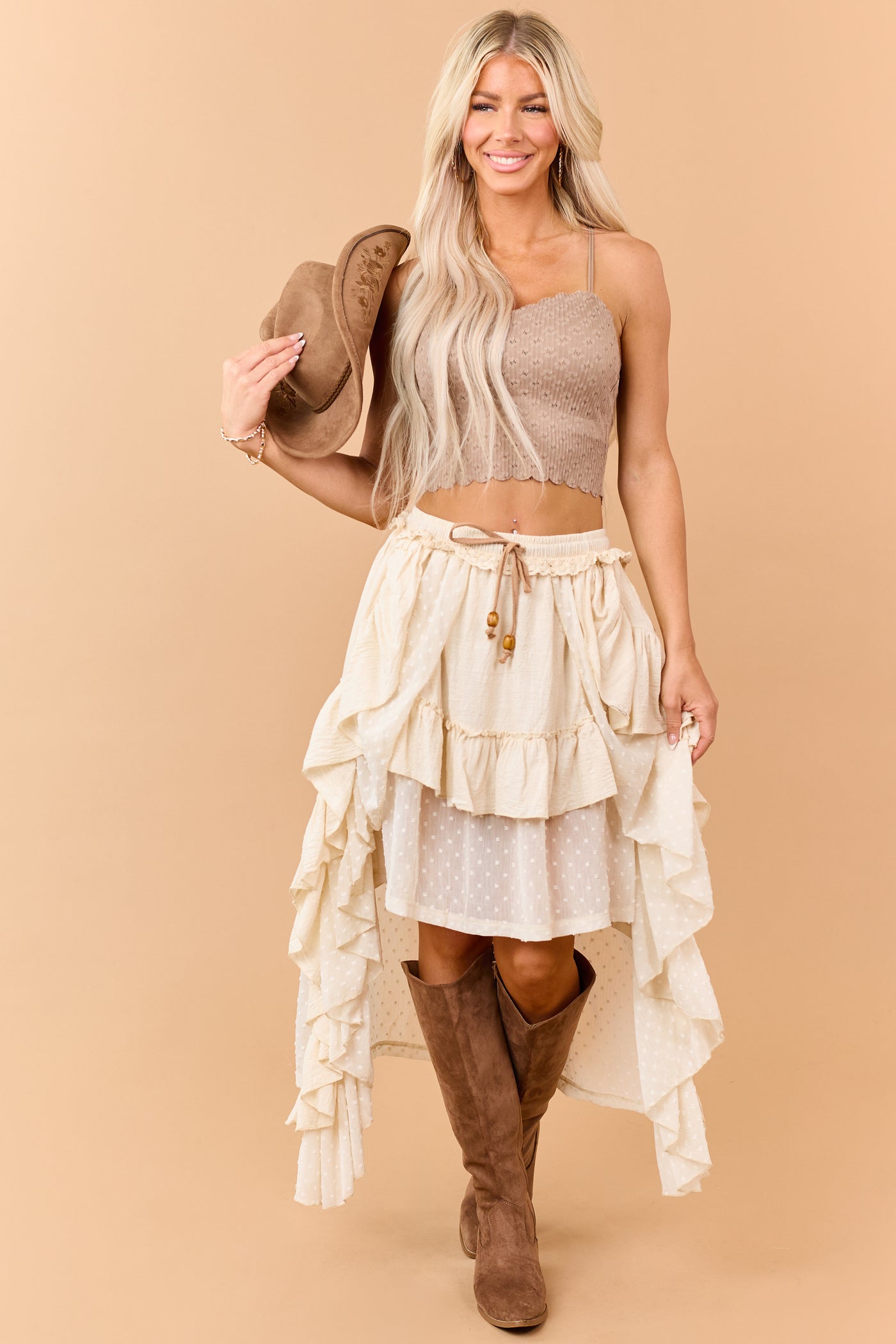 Mello Almond High Low Swiss Dot Maxi Skirt