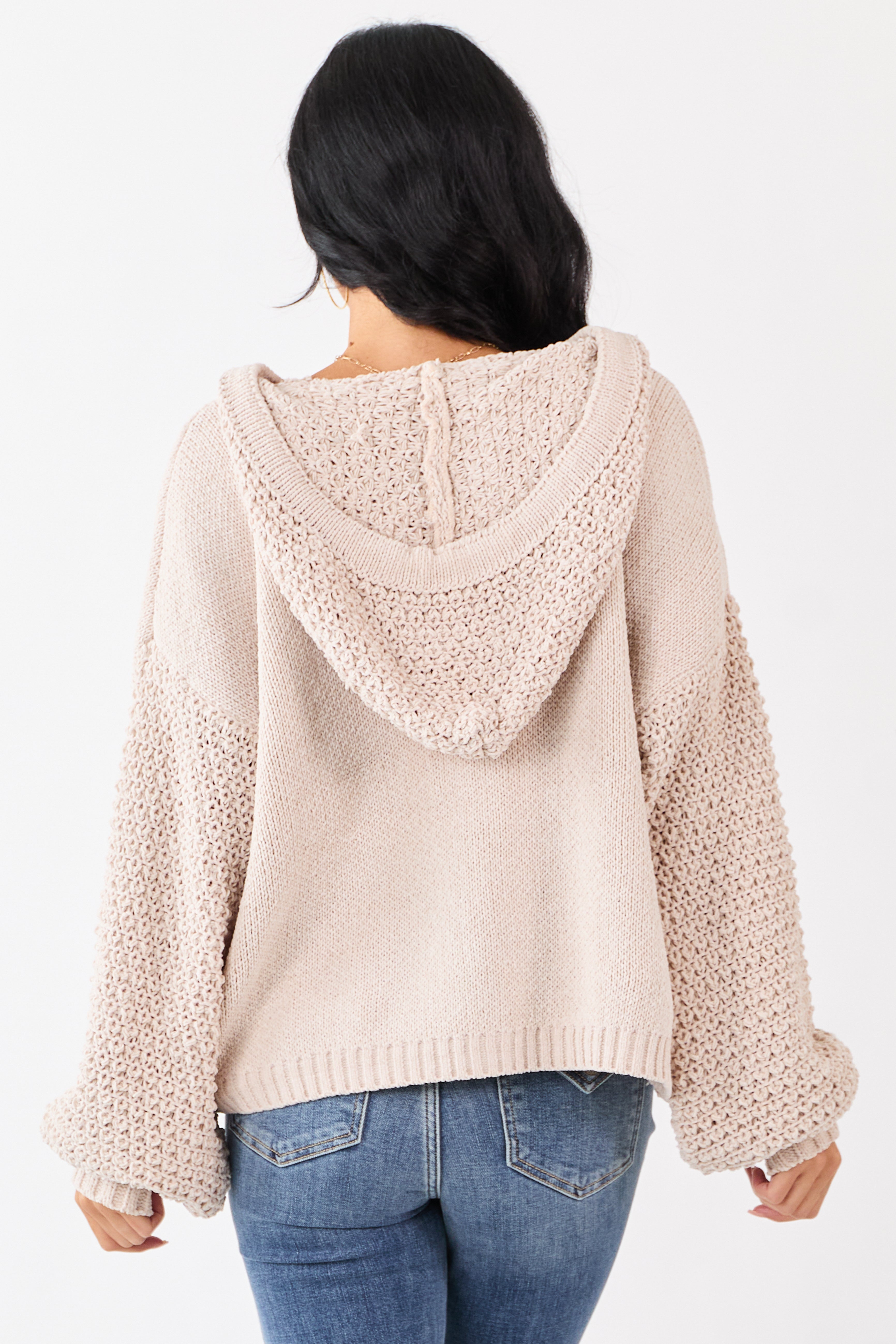 Mello Almond Waffle Knit Hooded Sweater Cardigan