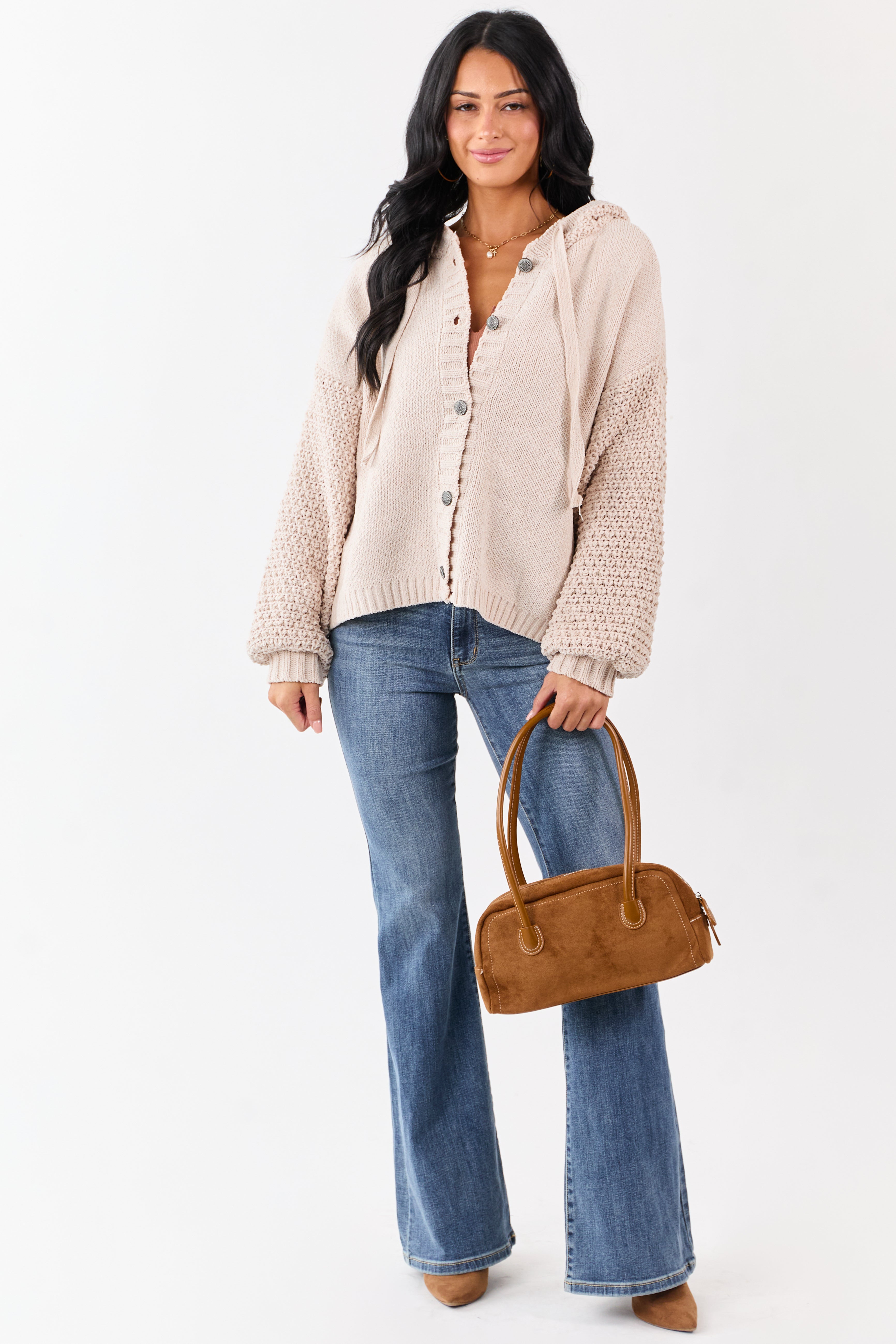 Mello Almond Waffle Knit Hooded Sweater Cardigan