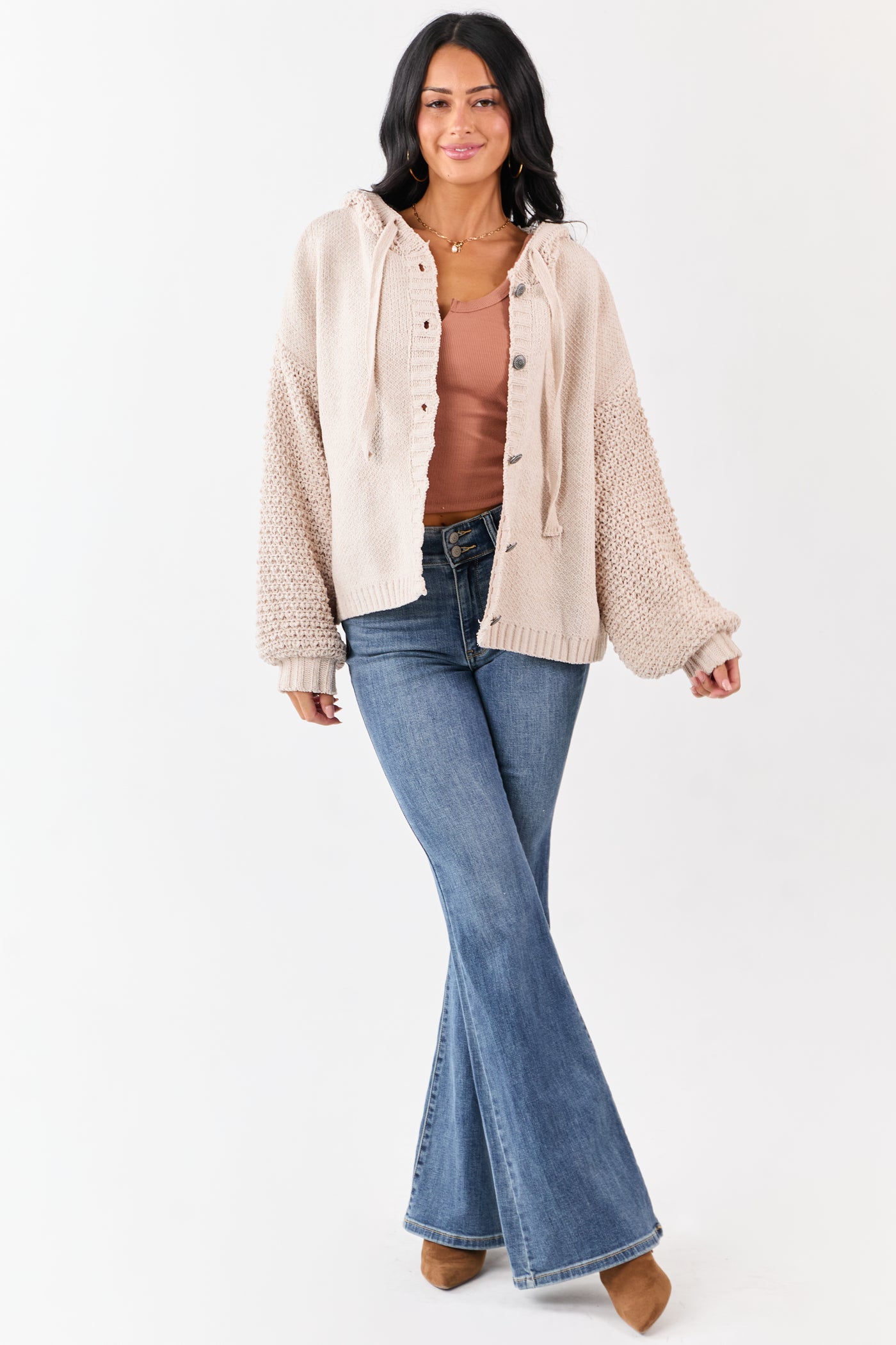 Mello Almond Waffle Knit Hooded Sweater Cardigan