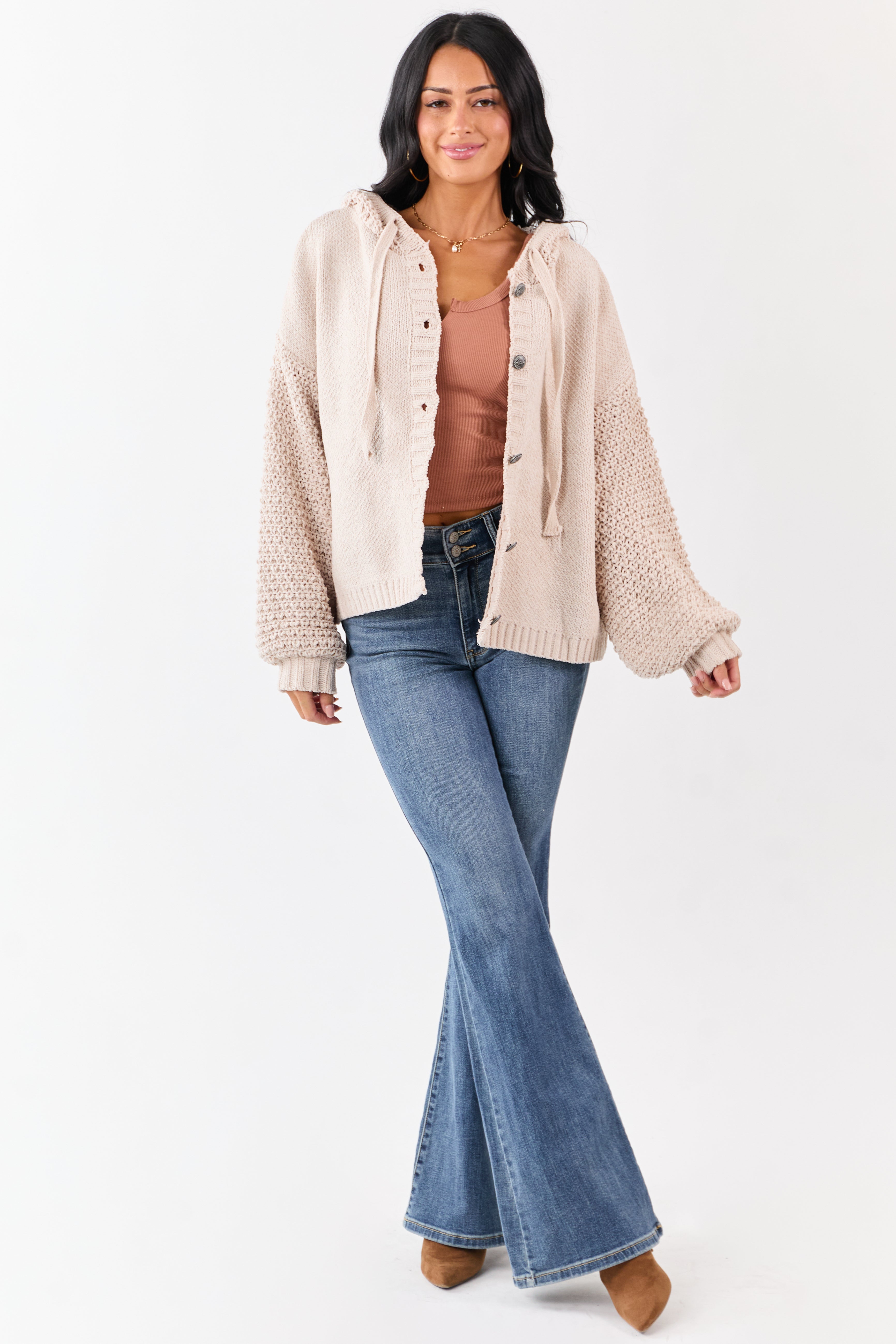 Mello Almond Waffle Knit Hooded Sweater Cardigan