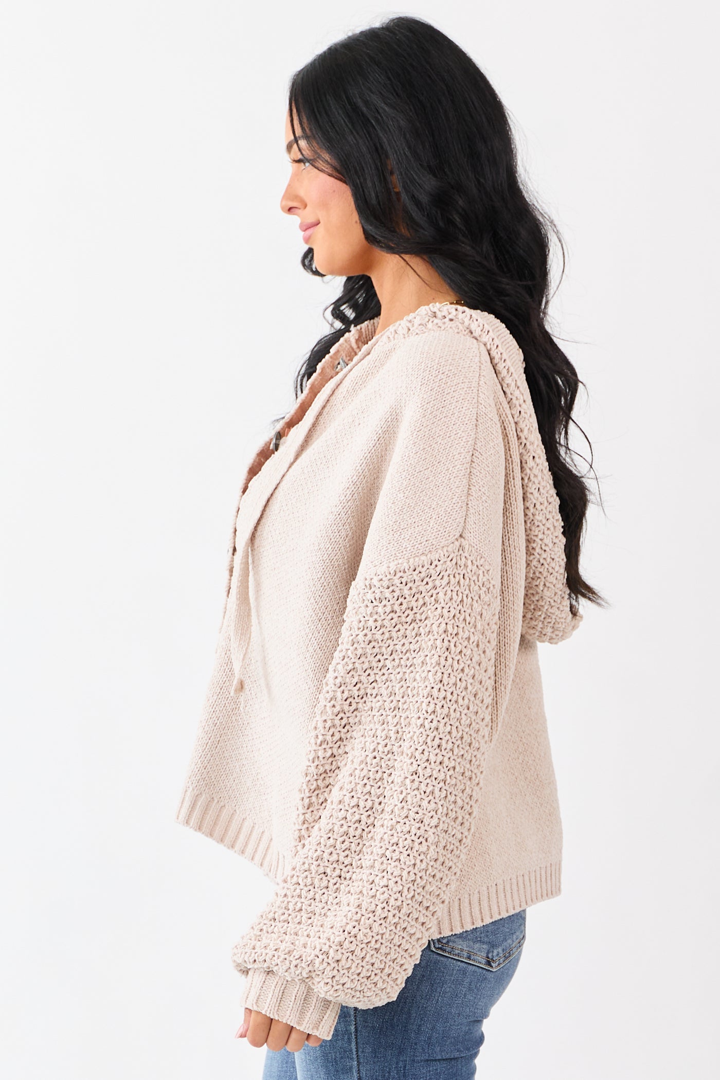 Mello Almond Waffle Knit Hooded Sweater Cardigan