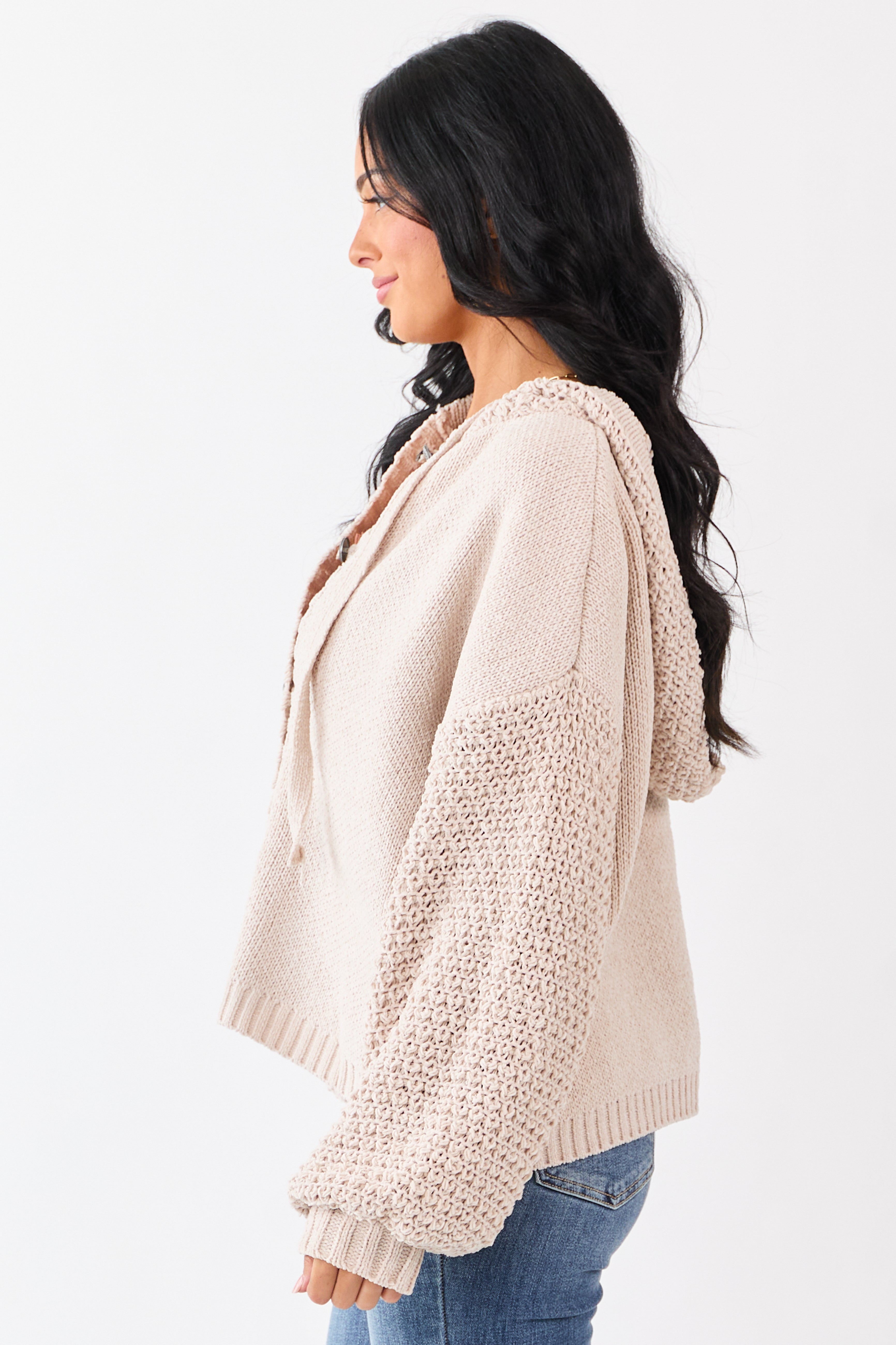 Mello Almond Waffle Knit Hooded Sweater Cardigan