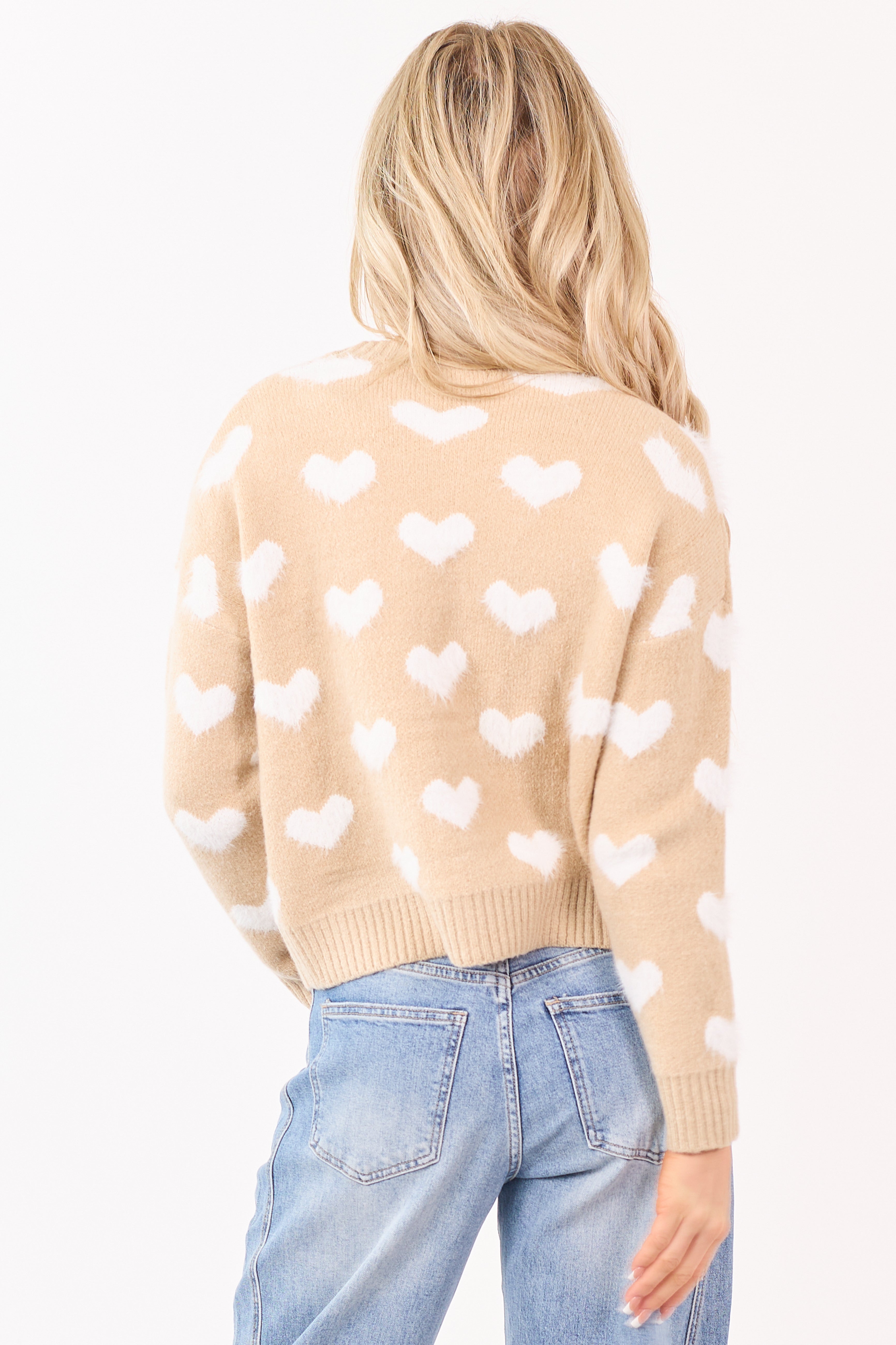 Mello Beige Heart Print Button Down Fuzzy Cardigan