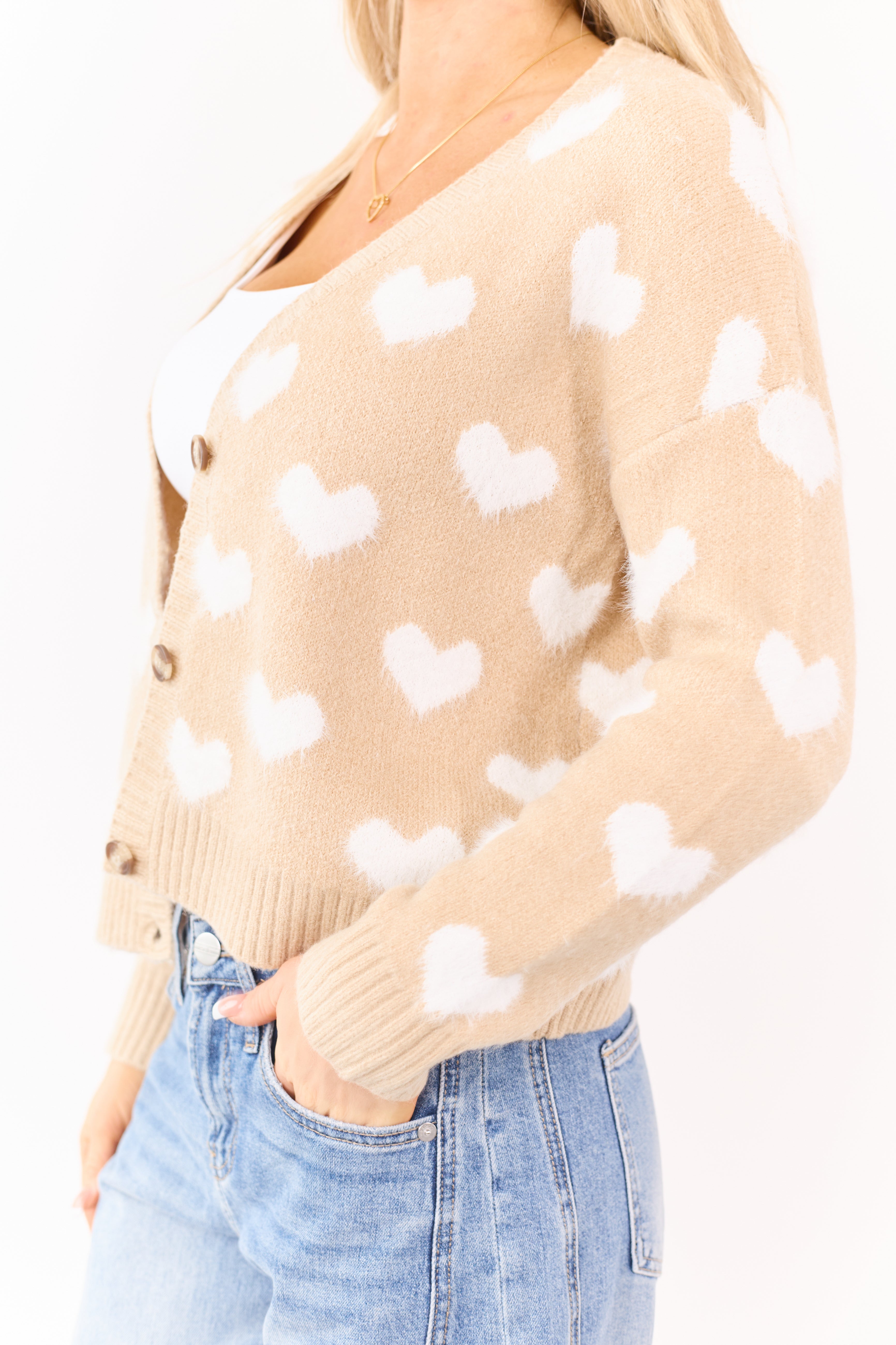 Mello Beige Heart Print Button Down Fuzzy Cardigan
