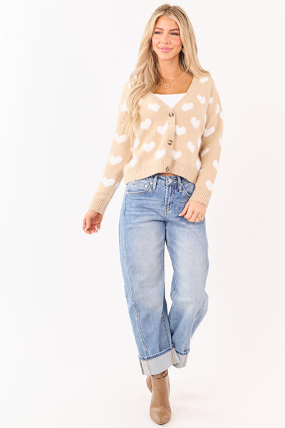 Mello Beige Heart Print Button Down Fuzzy Cardigan