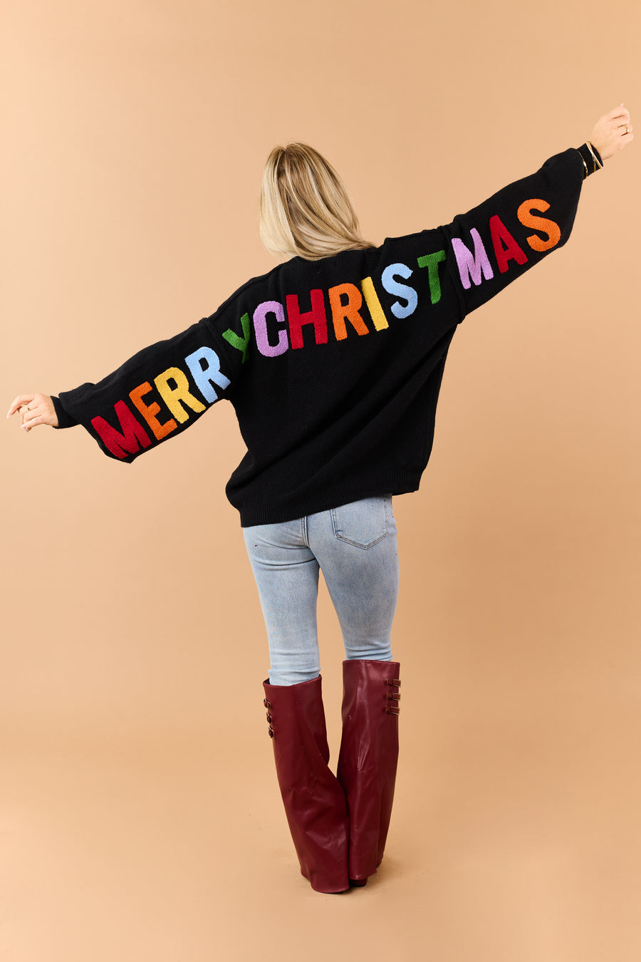 Mello Black Christmas Lettering Waffle Knit Sweater