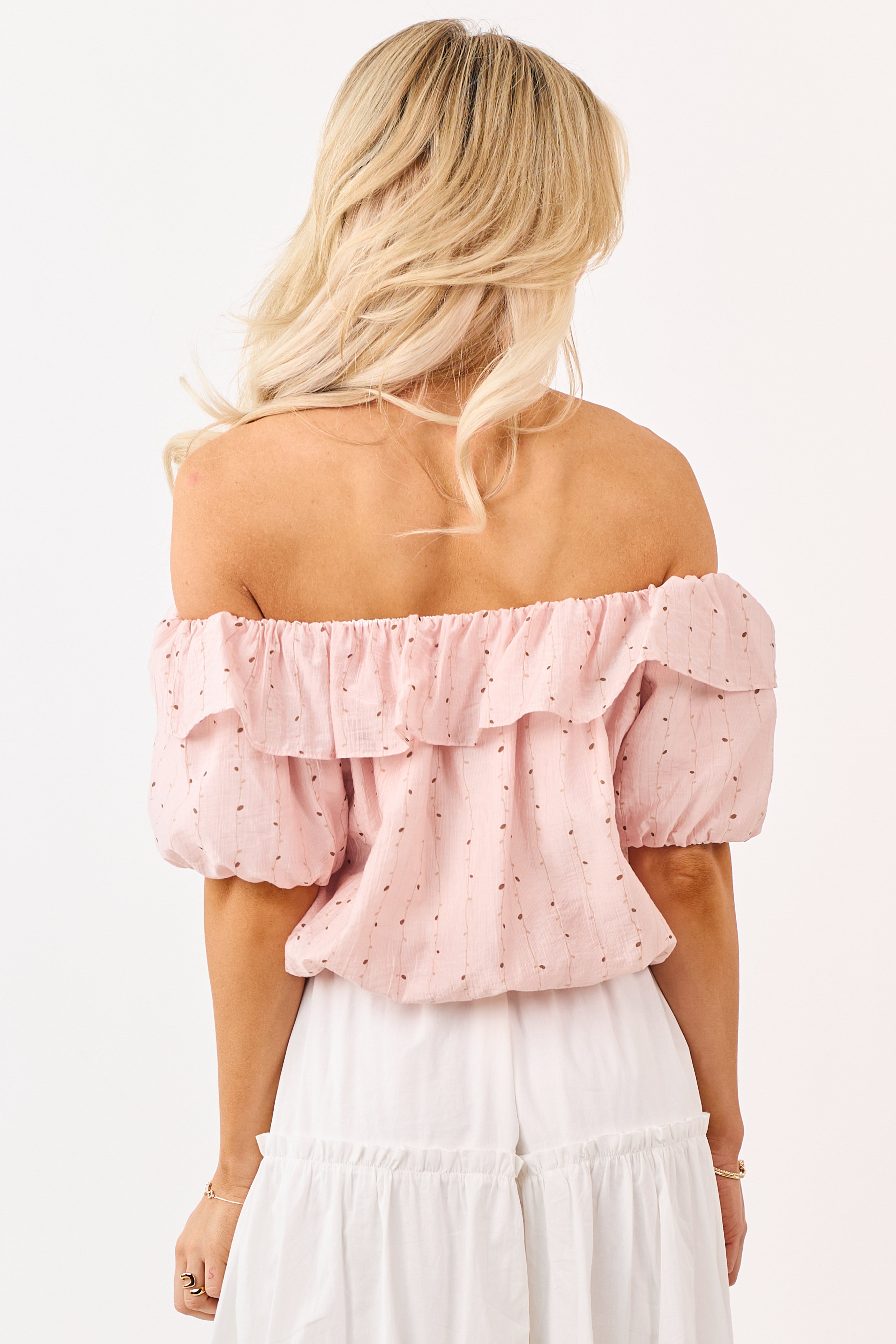 Mello Blush Abstract Print Off the Shoulder Ruffle Top