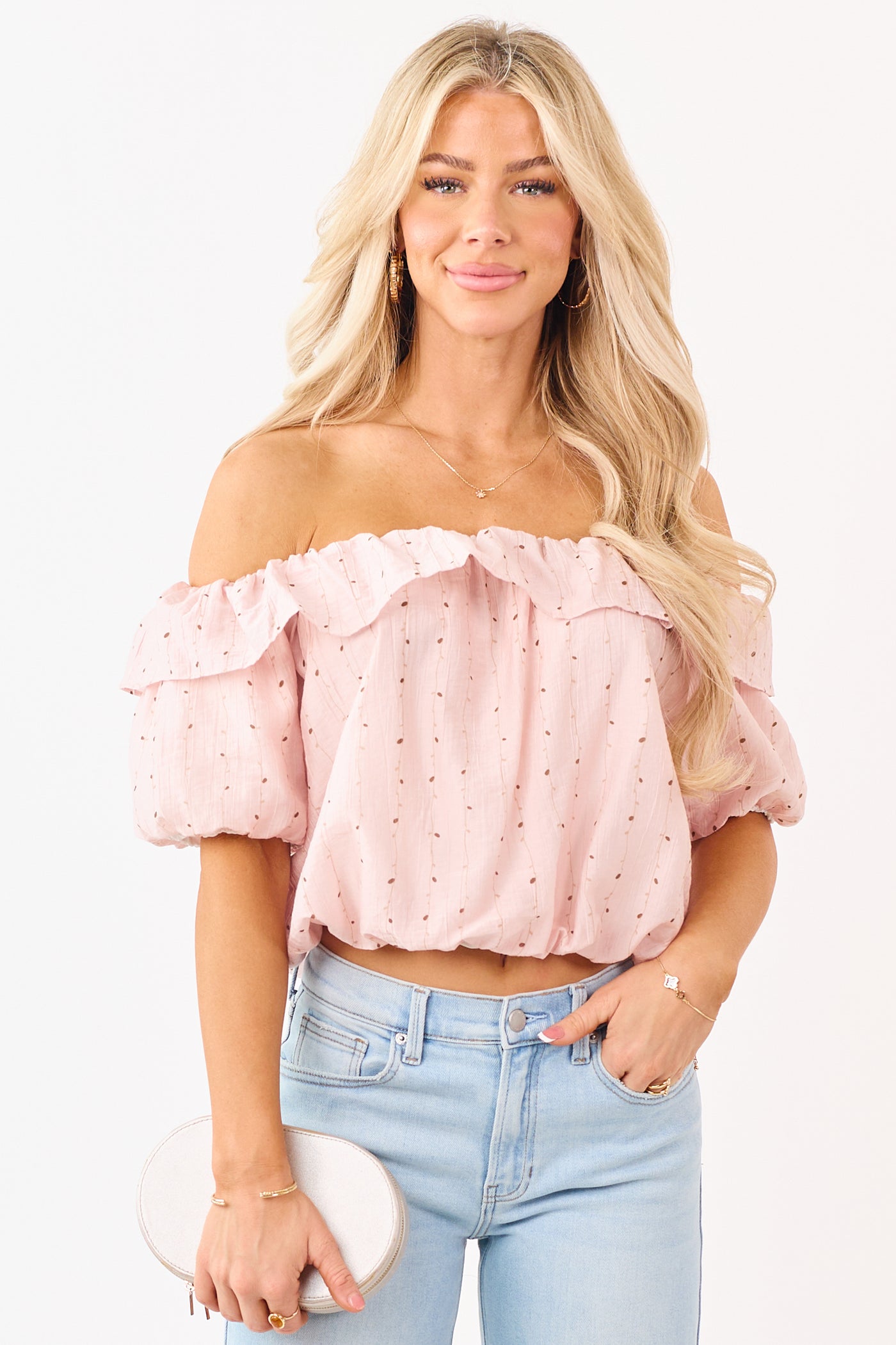Mello Blush Abstract Print Off the Shoulder Ruffle Top