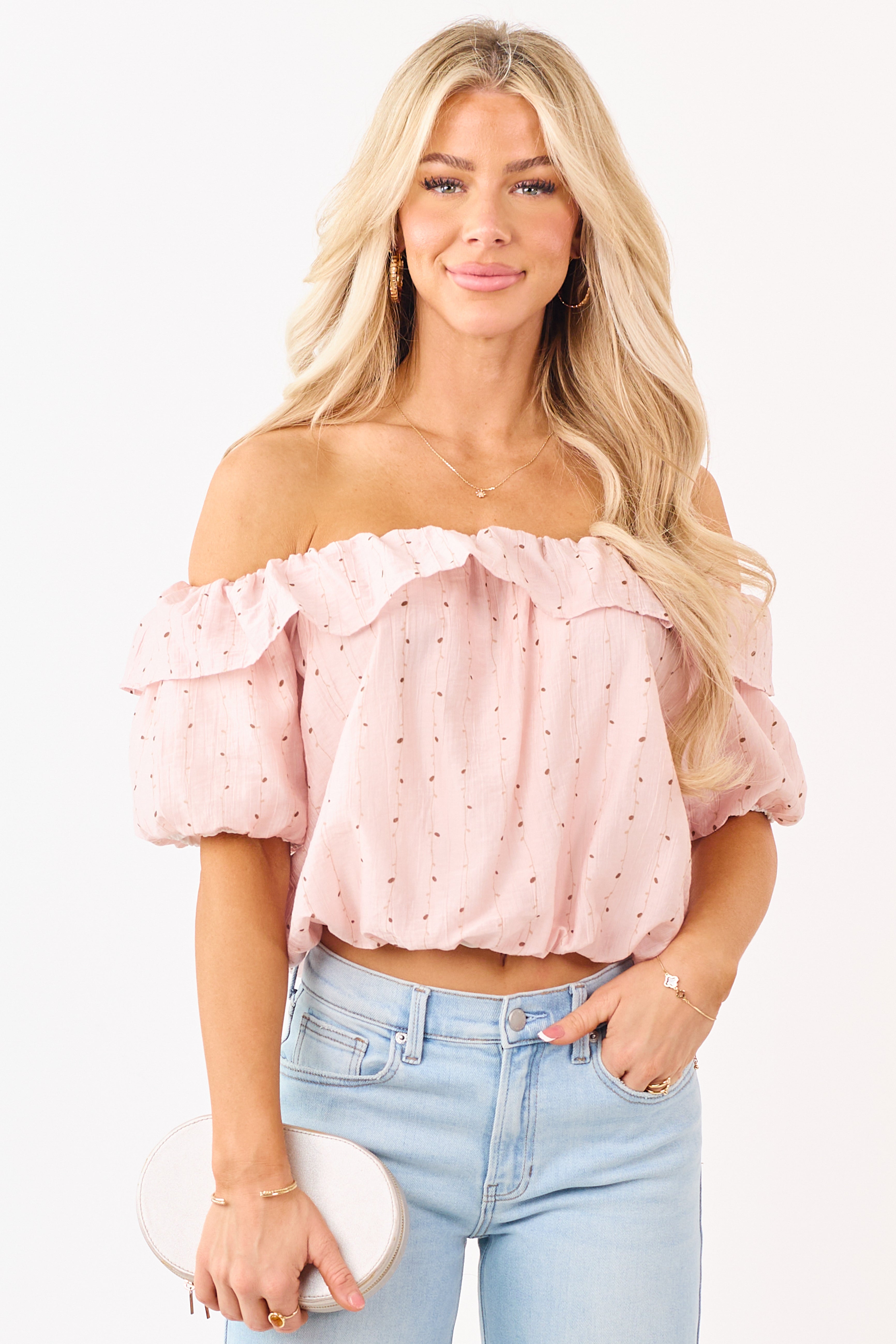 Mello Blush Abstract Print Off the Shoulder Ruffle Top