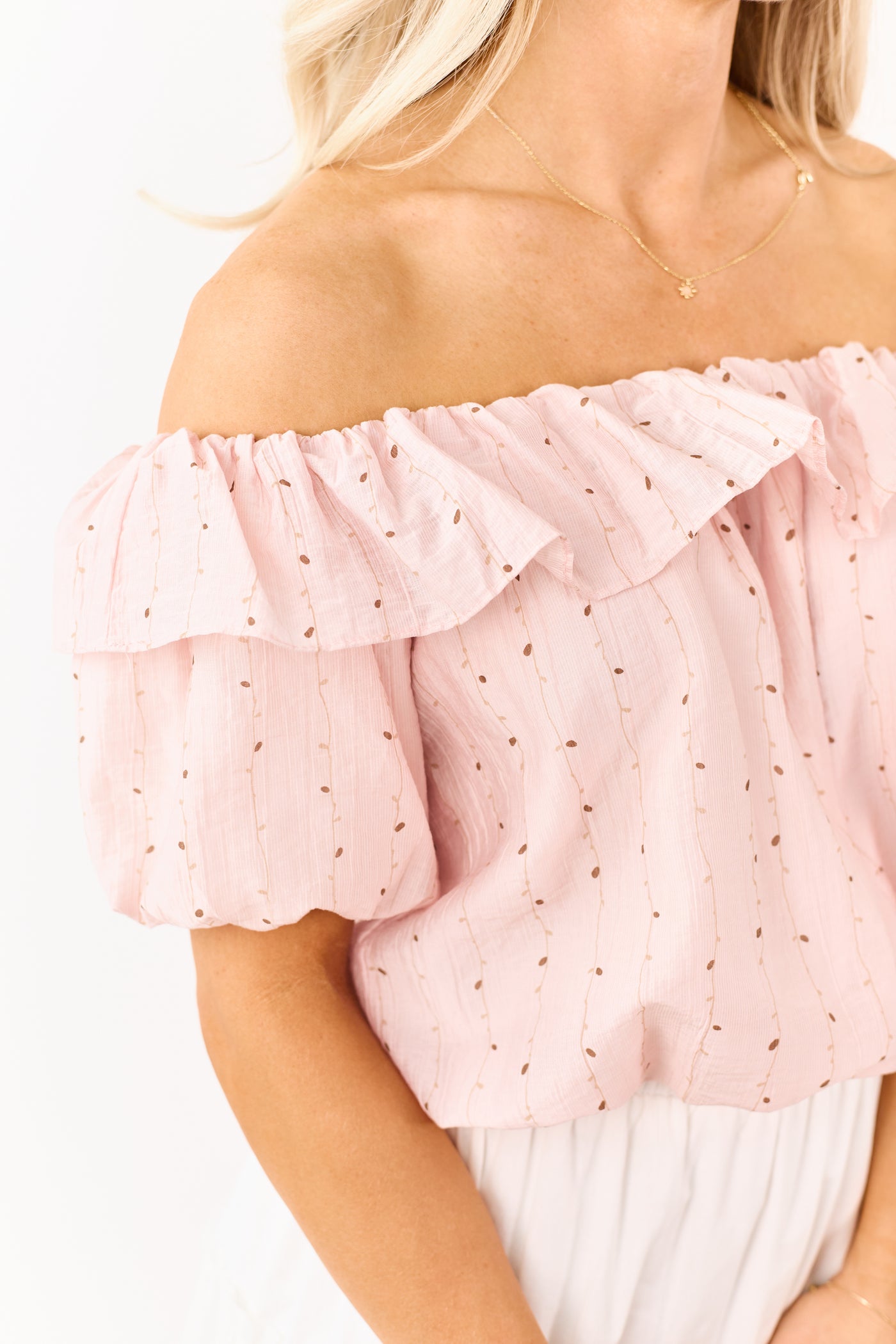 Mello Blush Abstract Print Off the Shoulder Ruffle Top