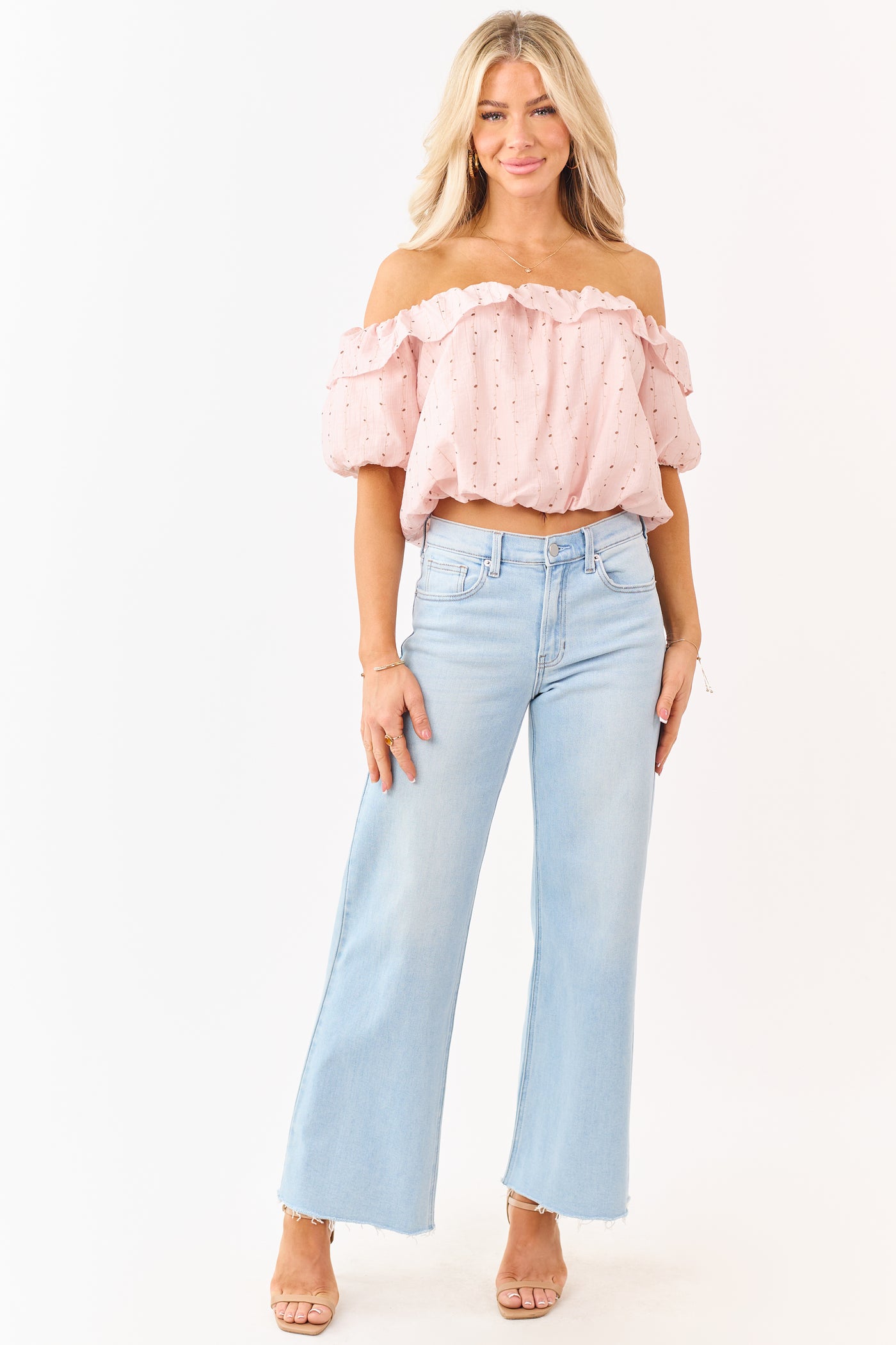 Mello Blush Abstract Print Off the Shoulder Ruffle Top