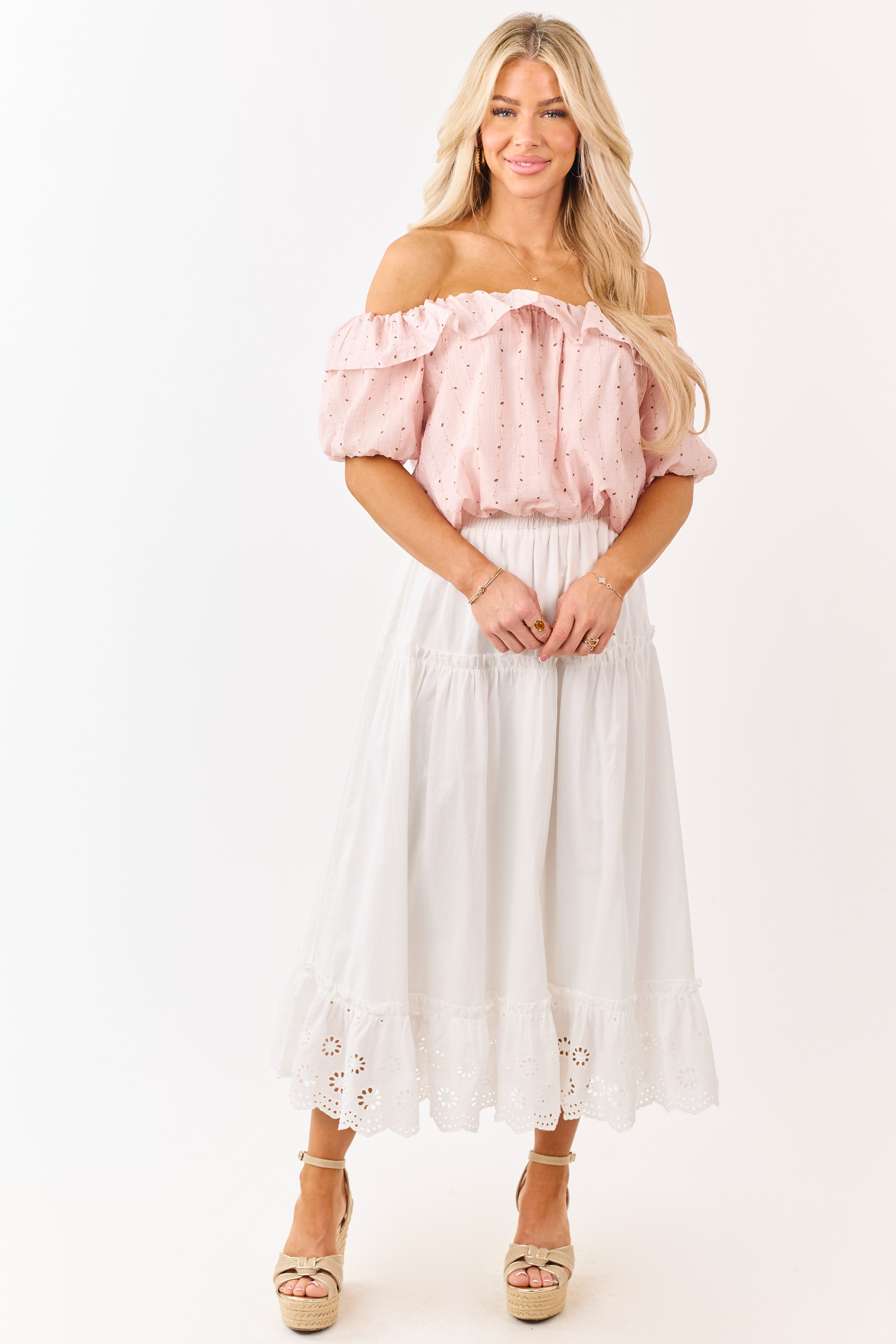 Mello Blush Abstract Print Off the Shoulder Ruffle Top