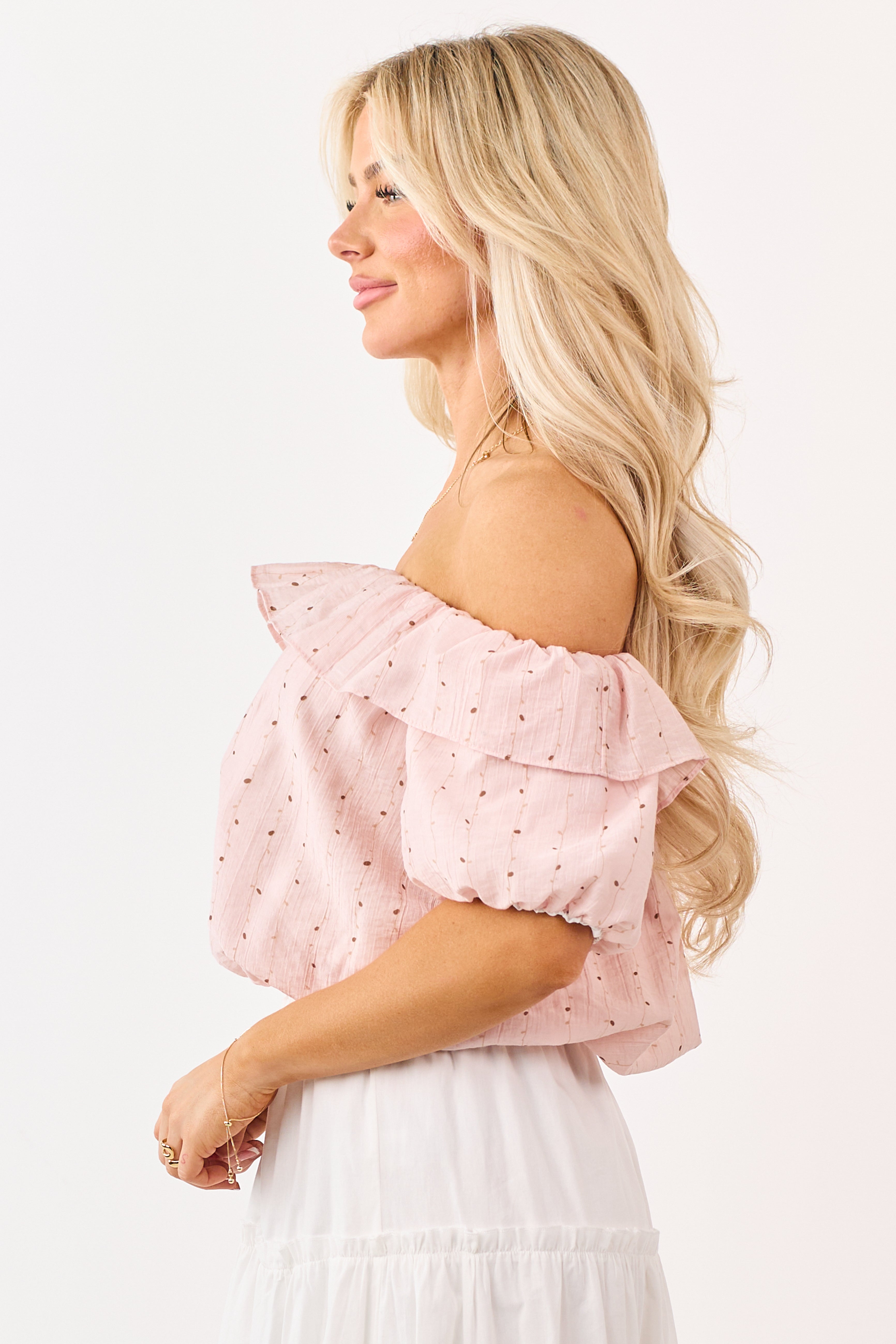 Mello Blush Abstract Print Off the Shoulder Ruffle Top