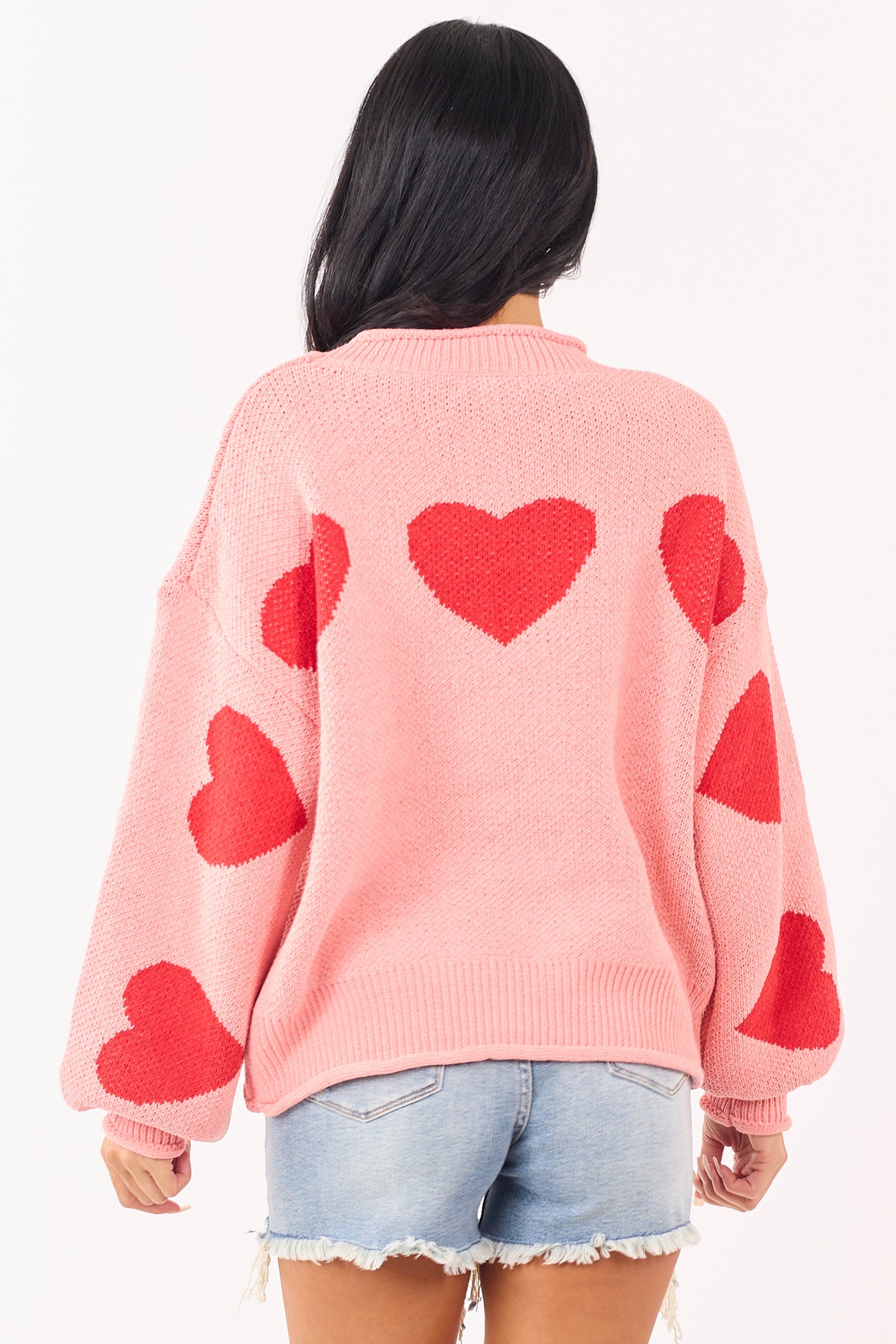 Mello Coral Heart Graphic Puff Sleeve Sweater