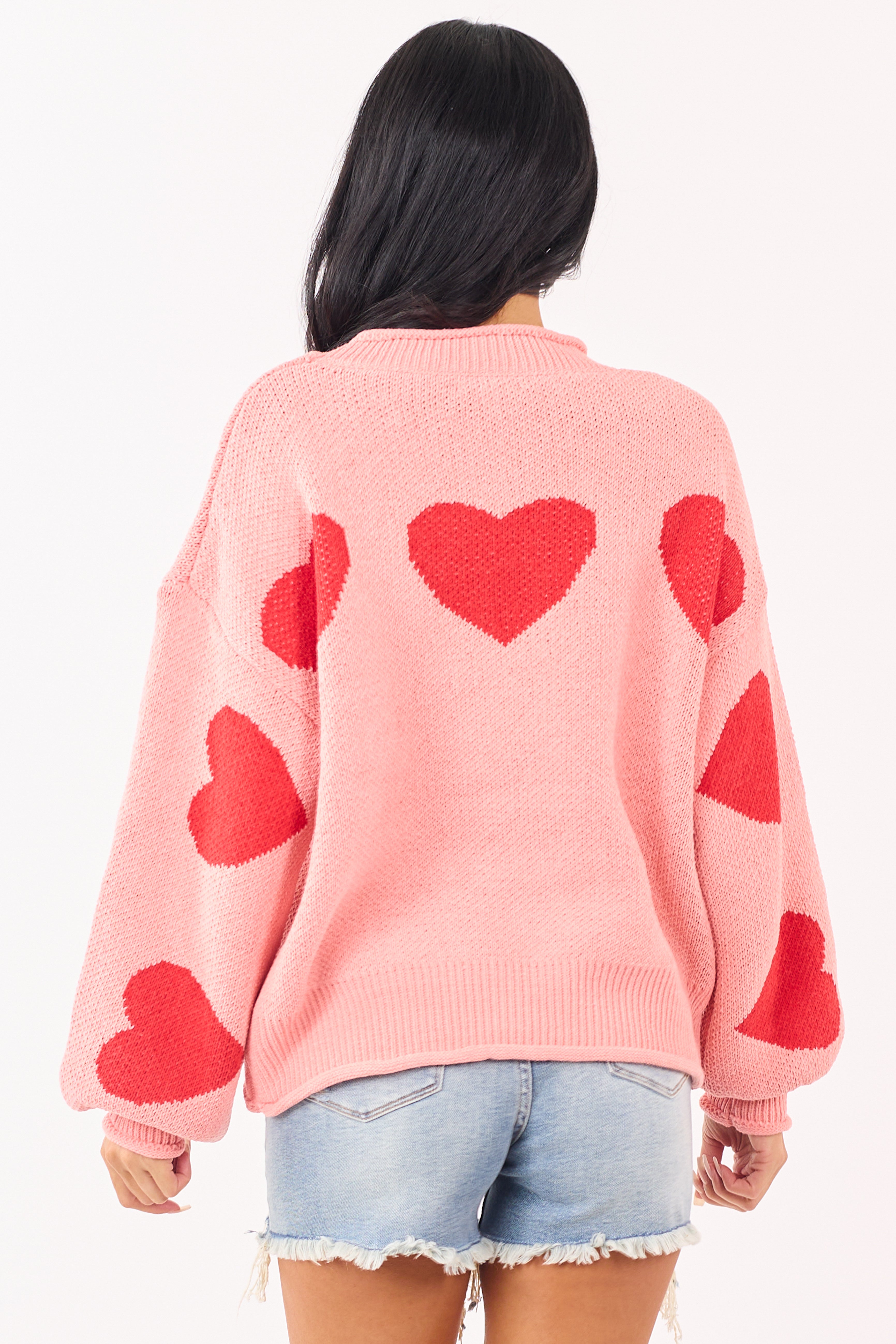 Mello Coral Heart Graphic Puff Sleeve Sweater