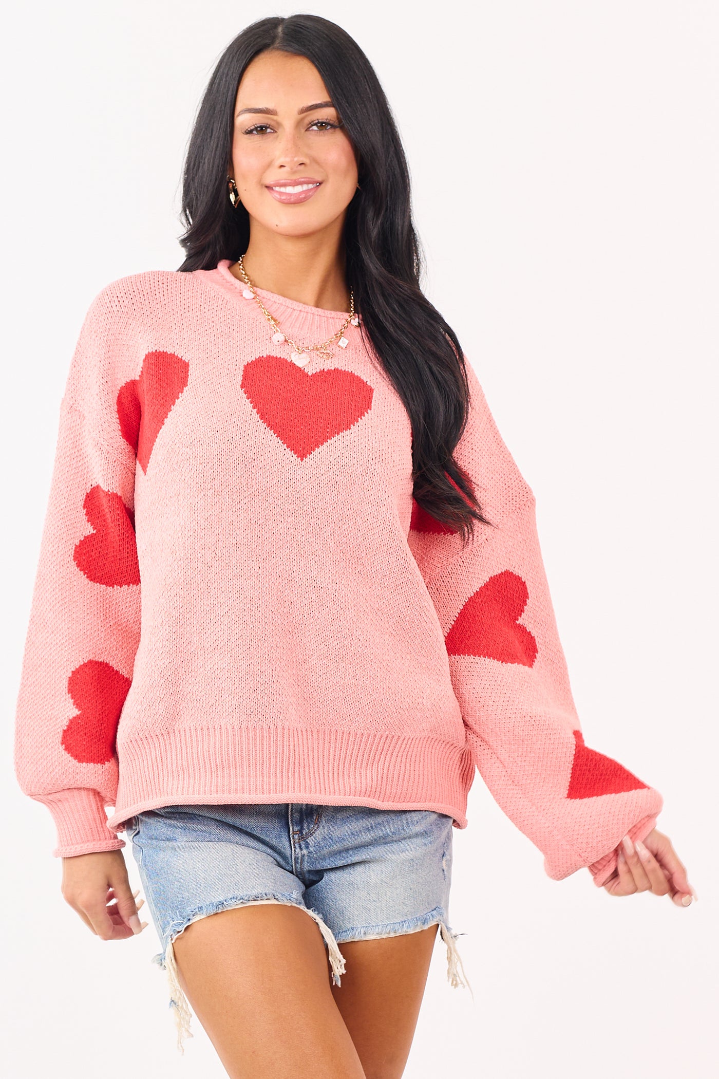 Mello Coral Heart Graphic Puff Sleeve Sweater