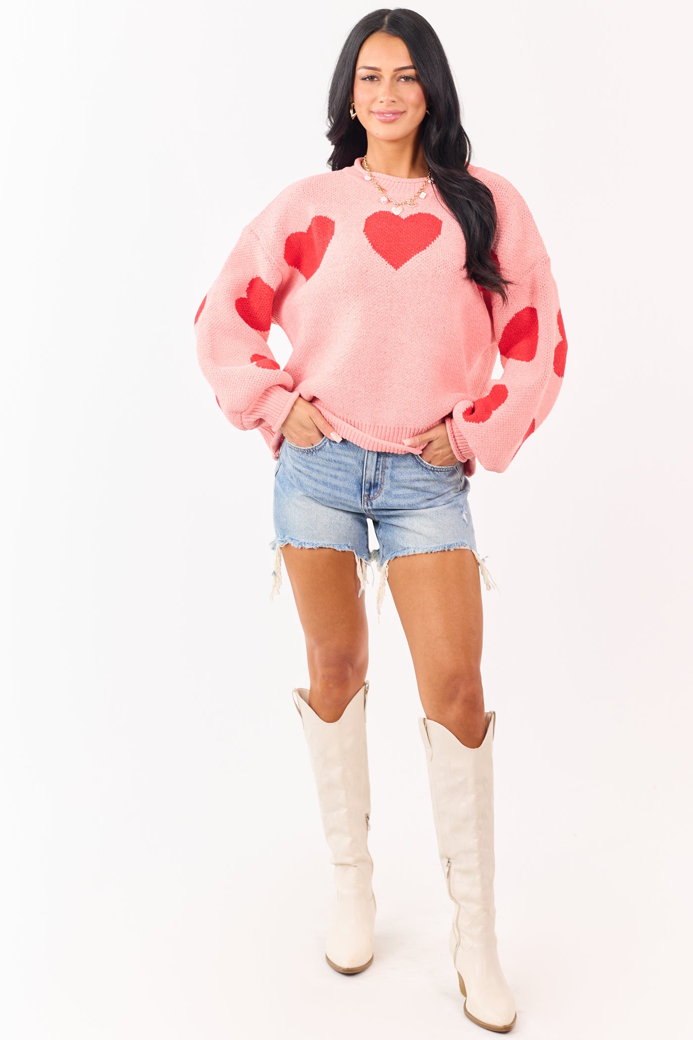 Mello Coral Heart Graphic Puff Sleeve Sweater