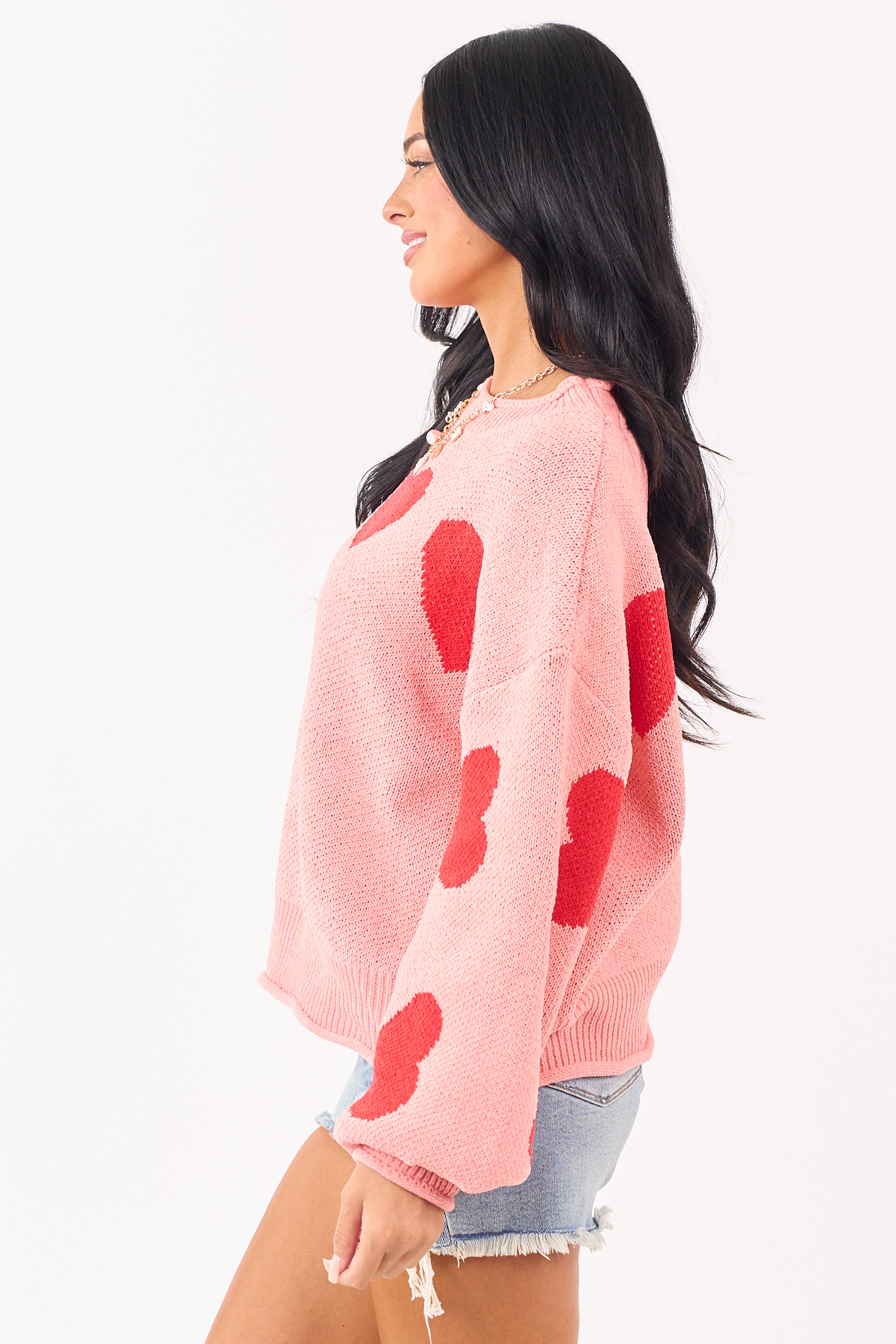 Mello Coral Heart Graphic Puff Sleeve Sweater