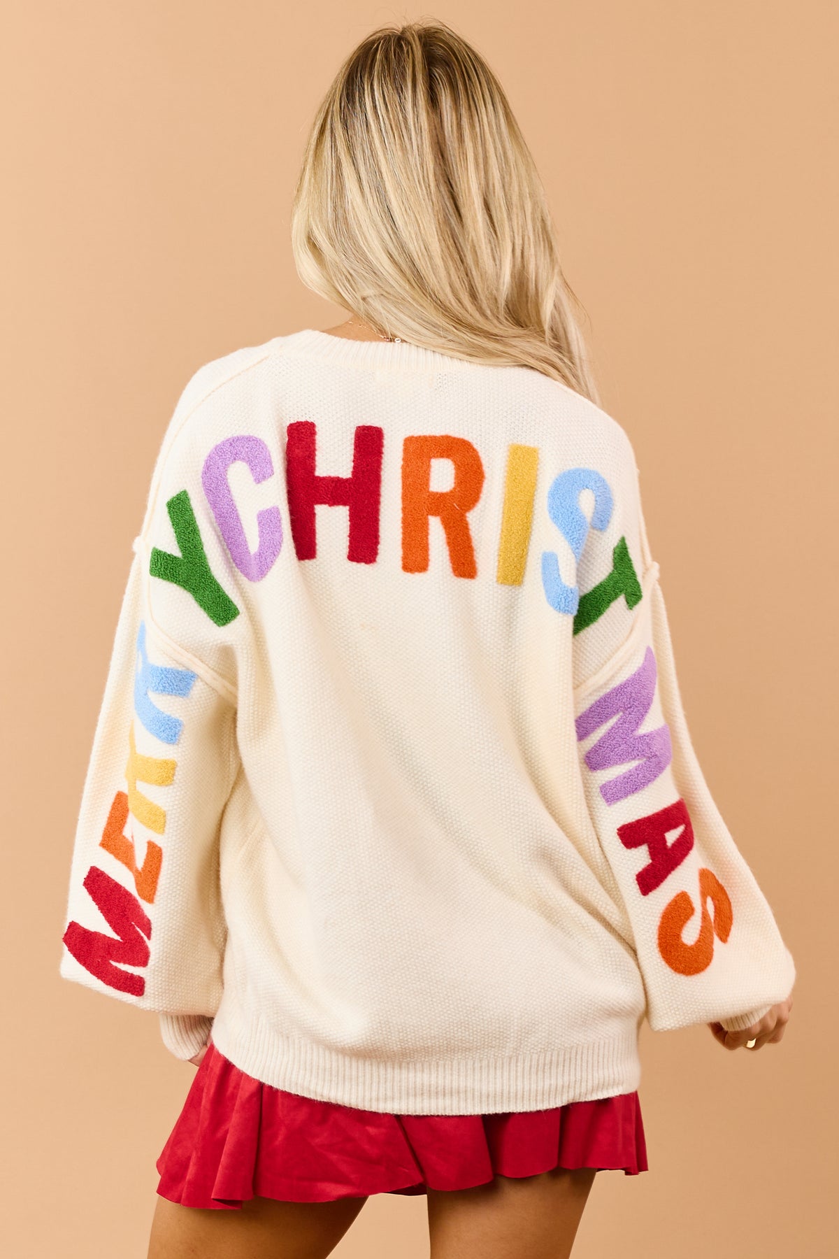 Mello Cream Christmas Lettering Waffle Knit Sweater