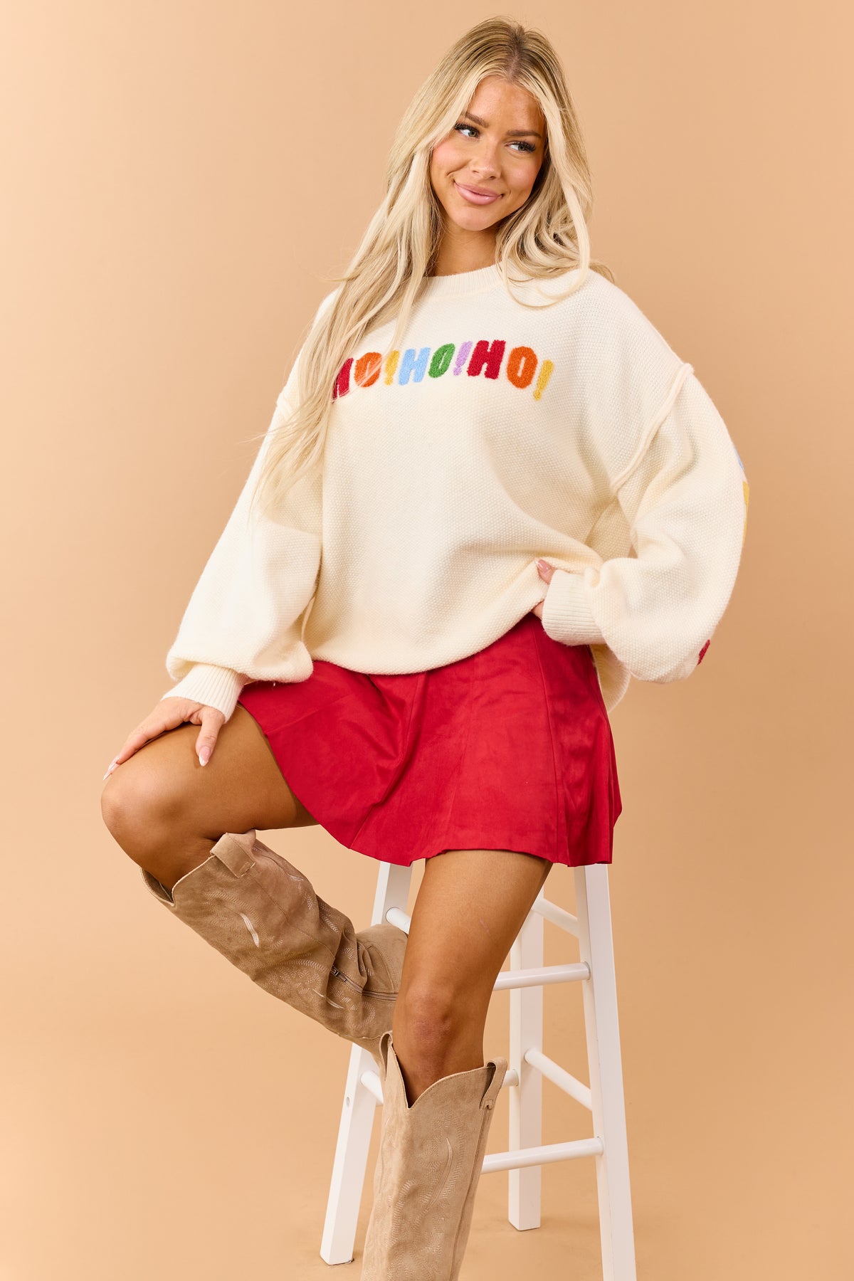 Mello Cream Christmas Lettering Waffle Knit Sweater