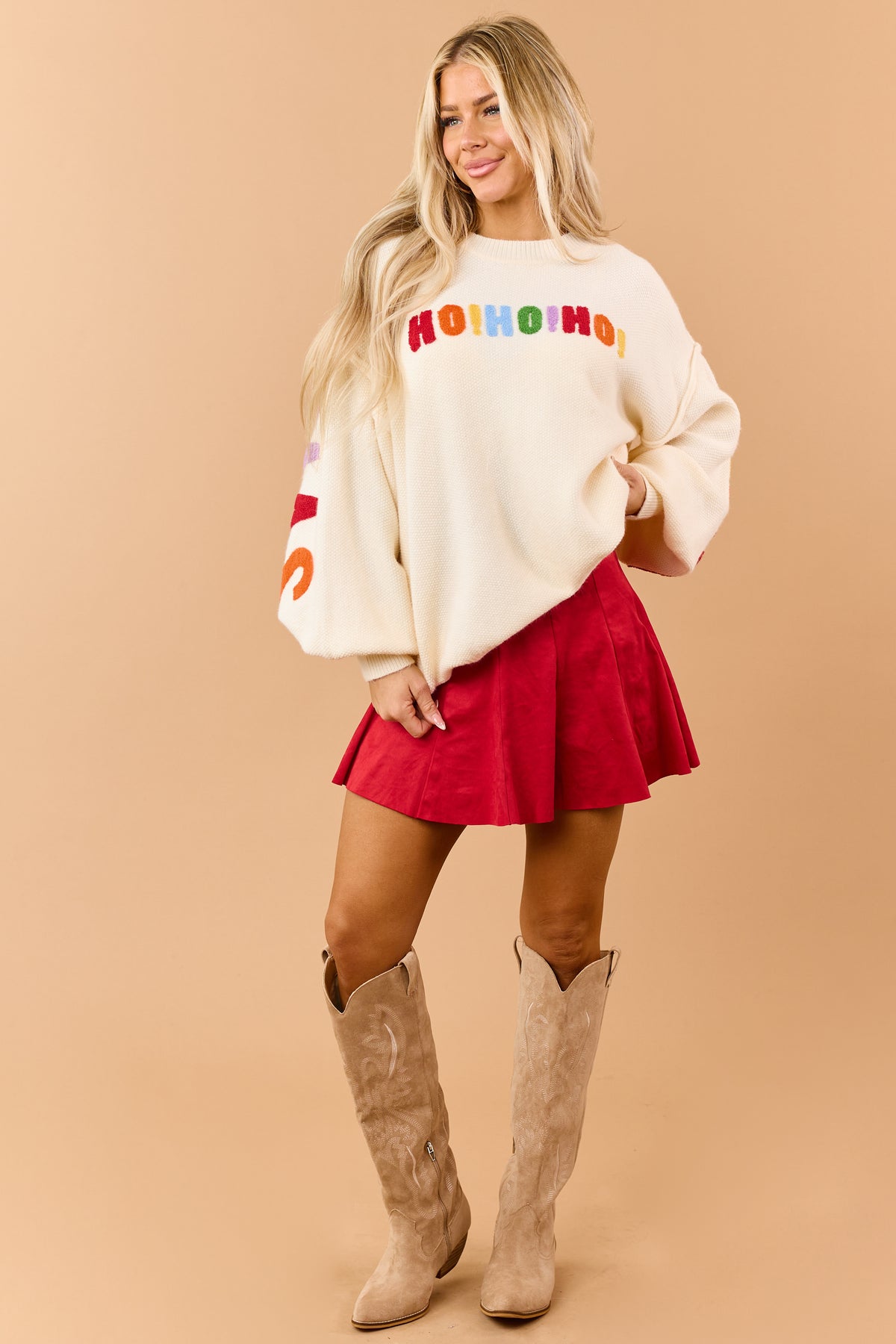 Mello Cream Christmas Lettering Waffle Knit Sweater