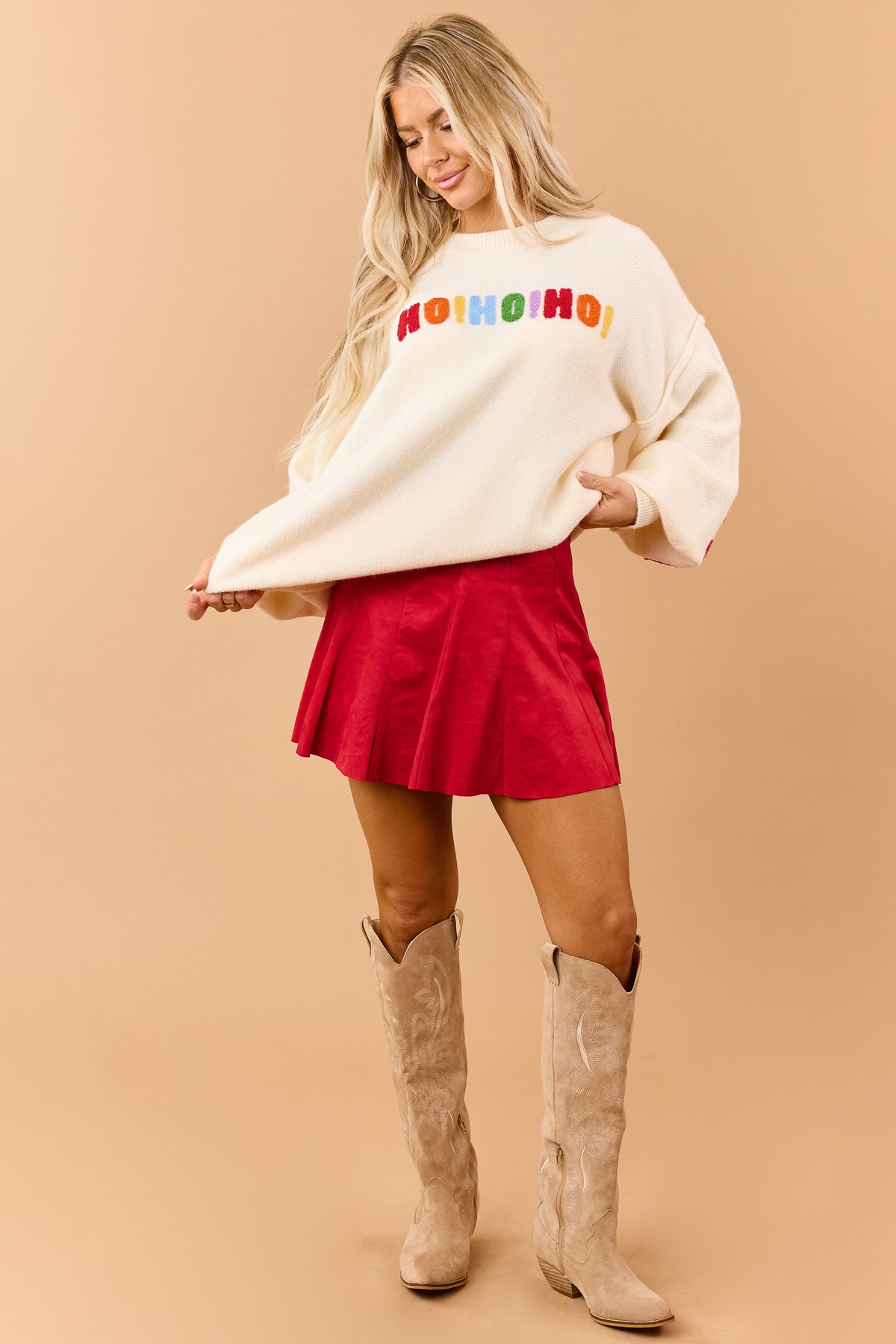 Mello Cream Christmas Lettering Waffle Knit Sweater