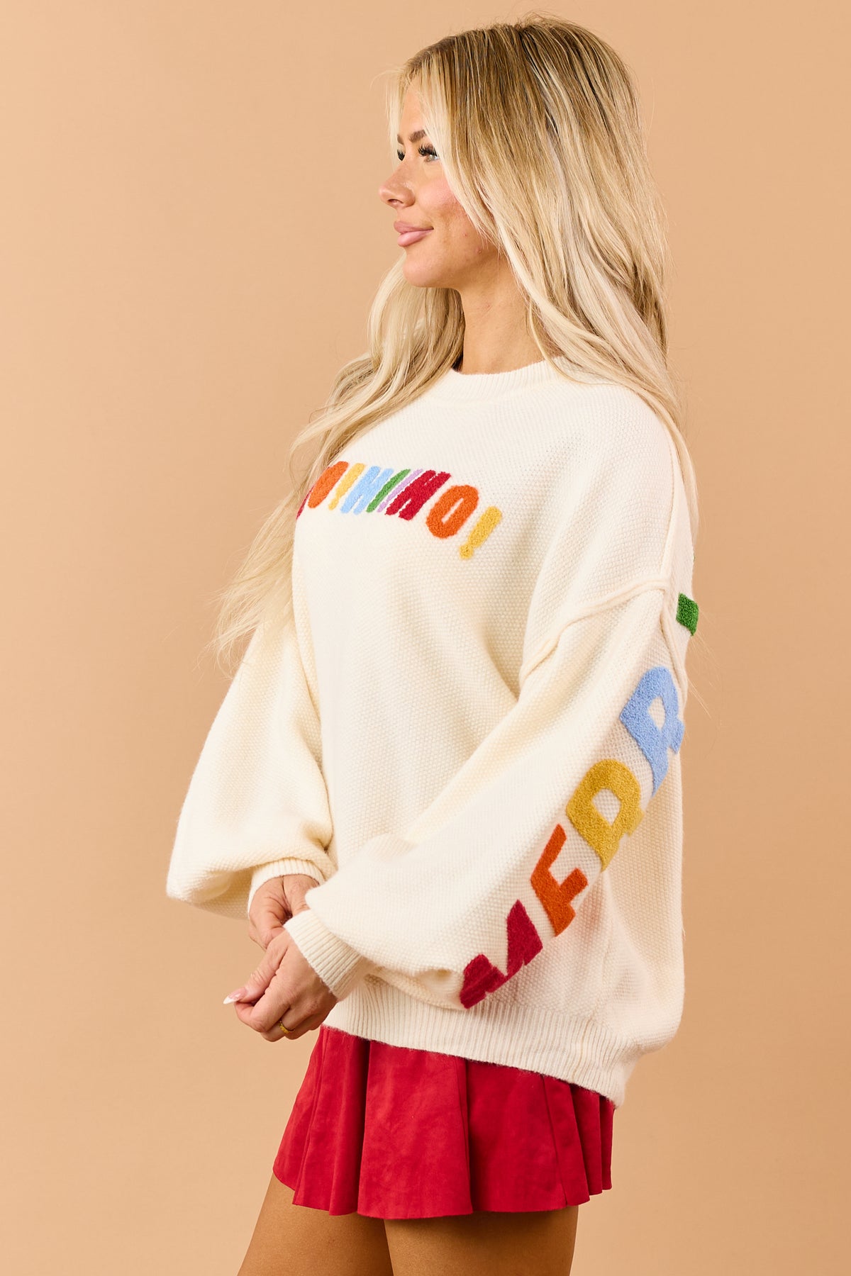 Mello Cream Christmas Lettering Waffle Knit Sweater