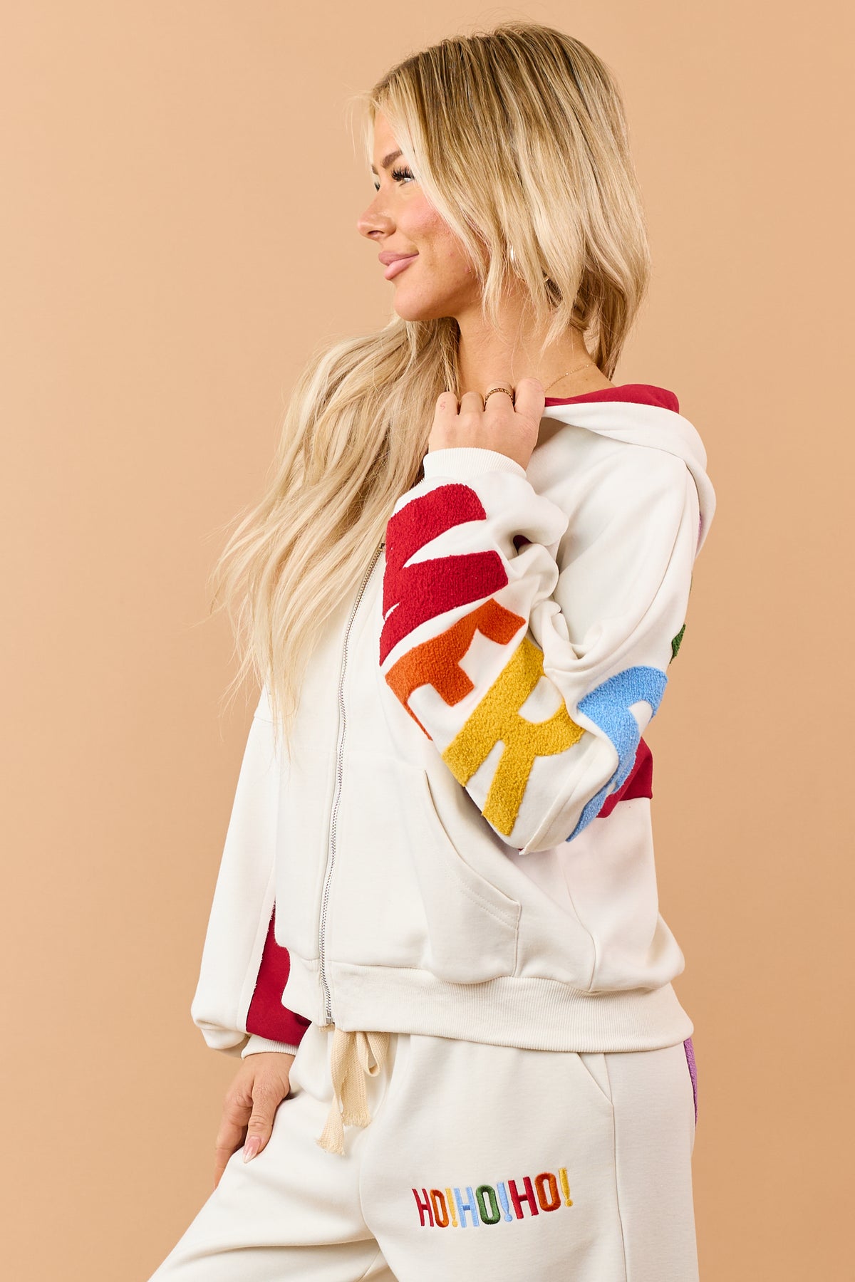 Mello Cream Christmas Lettering Zip Up Hoodie