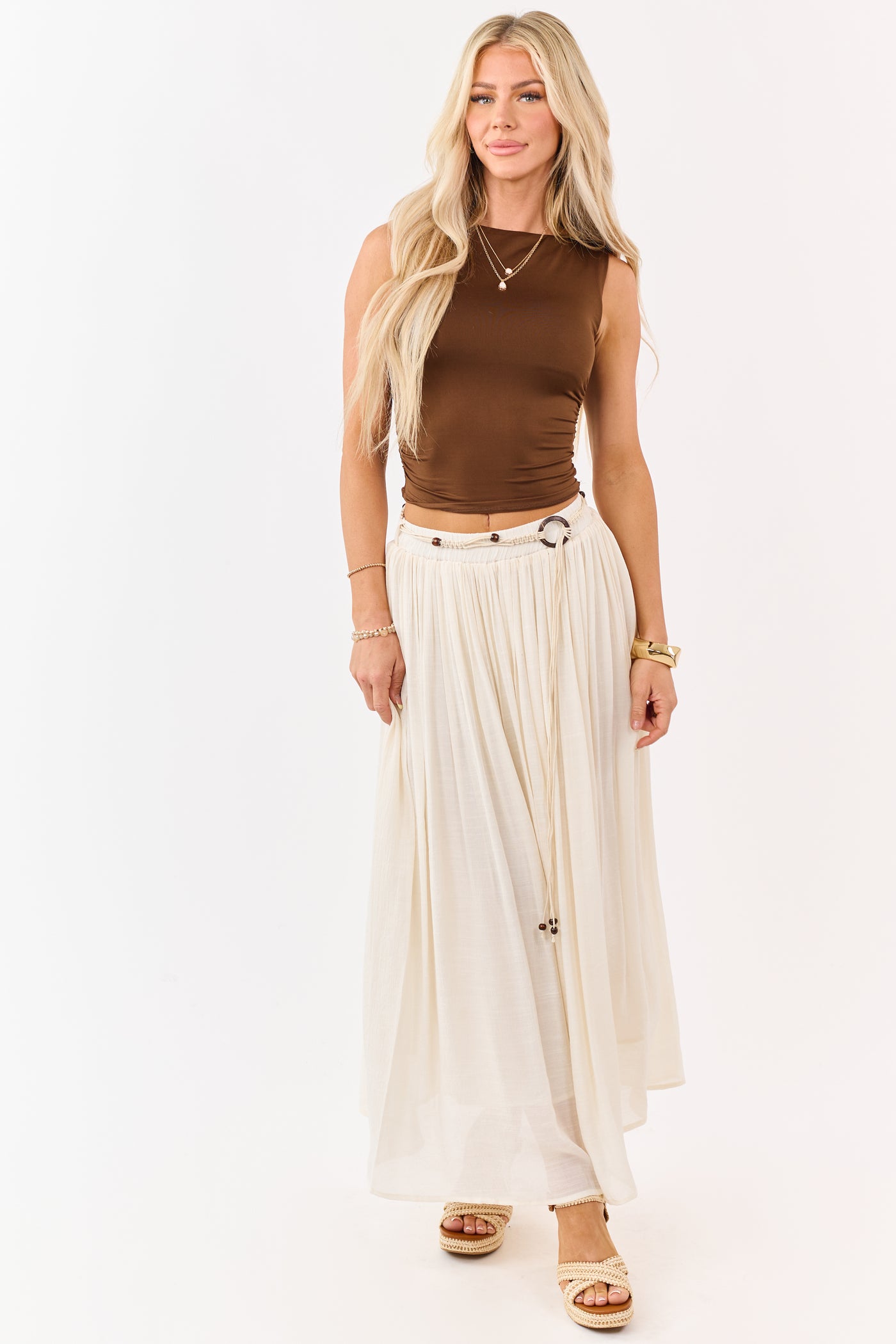 Mello Cream Flowy Boho Rope Belt Maxi Skirt