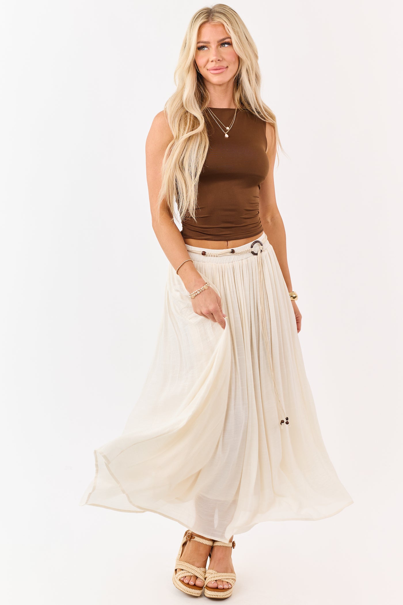 Mello Cream Flowy Boho Rope Belt Maxi Skirt